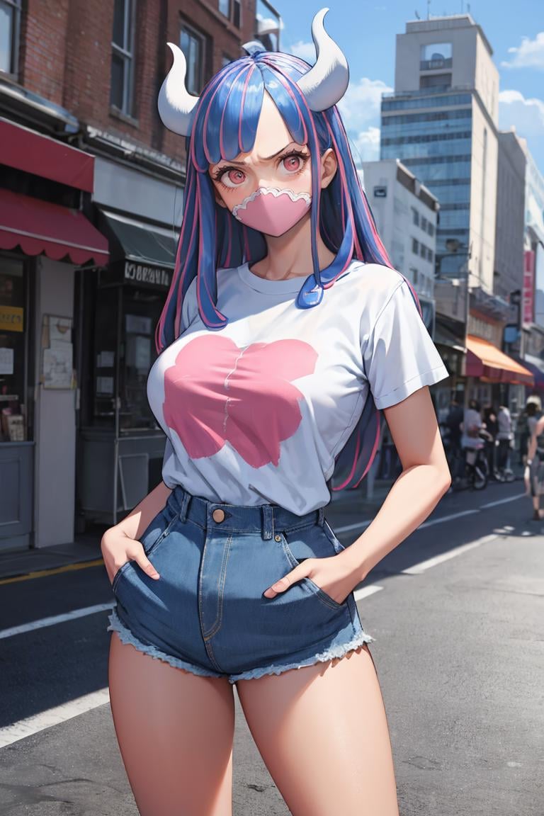 masterpiece, best quality, absurdres, UltiOP, mask, long hair, t-shirt, denim shorts, standing, outdoors, city, hands in pockets, <lora:UltiOP:1>