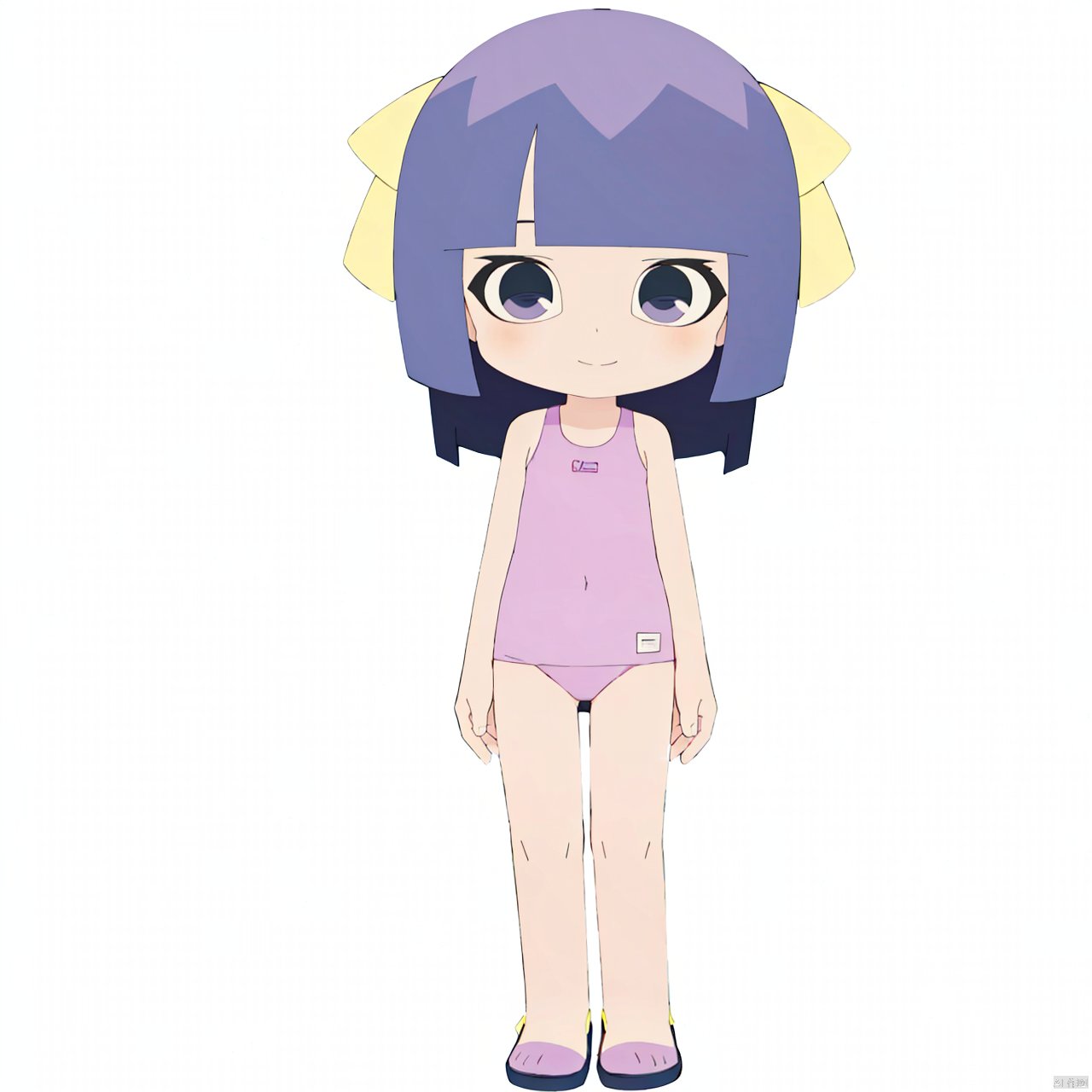 taosu, 1girl, solo, purple eyes, bangs, blunt bangs, purple hair, long hair, yellow ribbonm, smile, pink one-piece swimsuit, 

(blank background:1.8), (full-body shot, full body:1.3), taosu