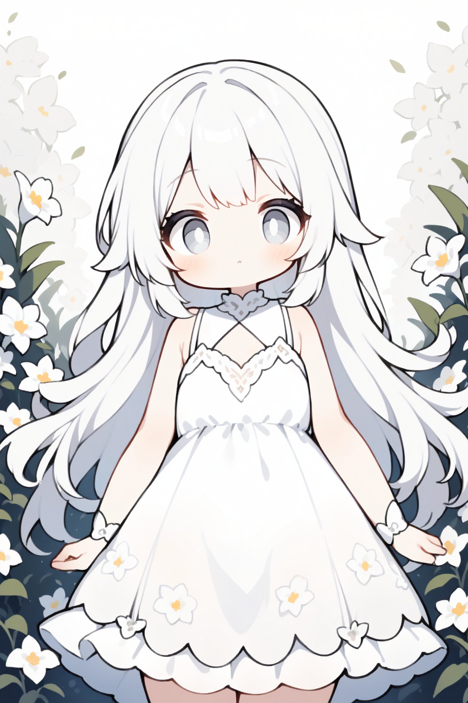 1girl, white hair, long hair, white eye, (many white flower:1.2), Front View,  cute style, white dress 