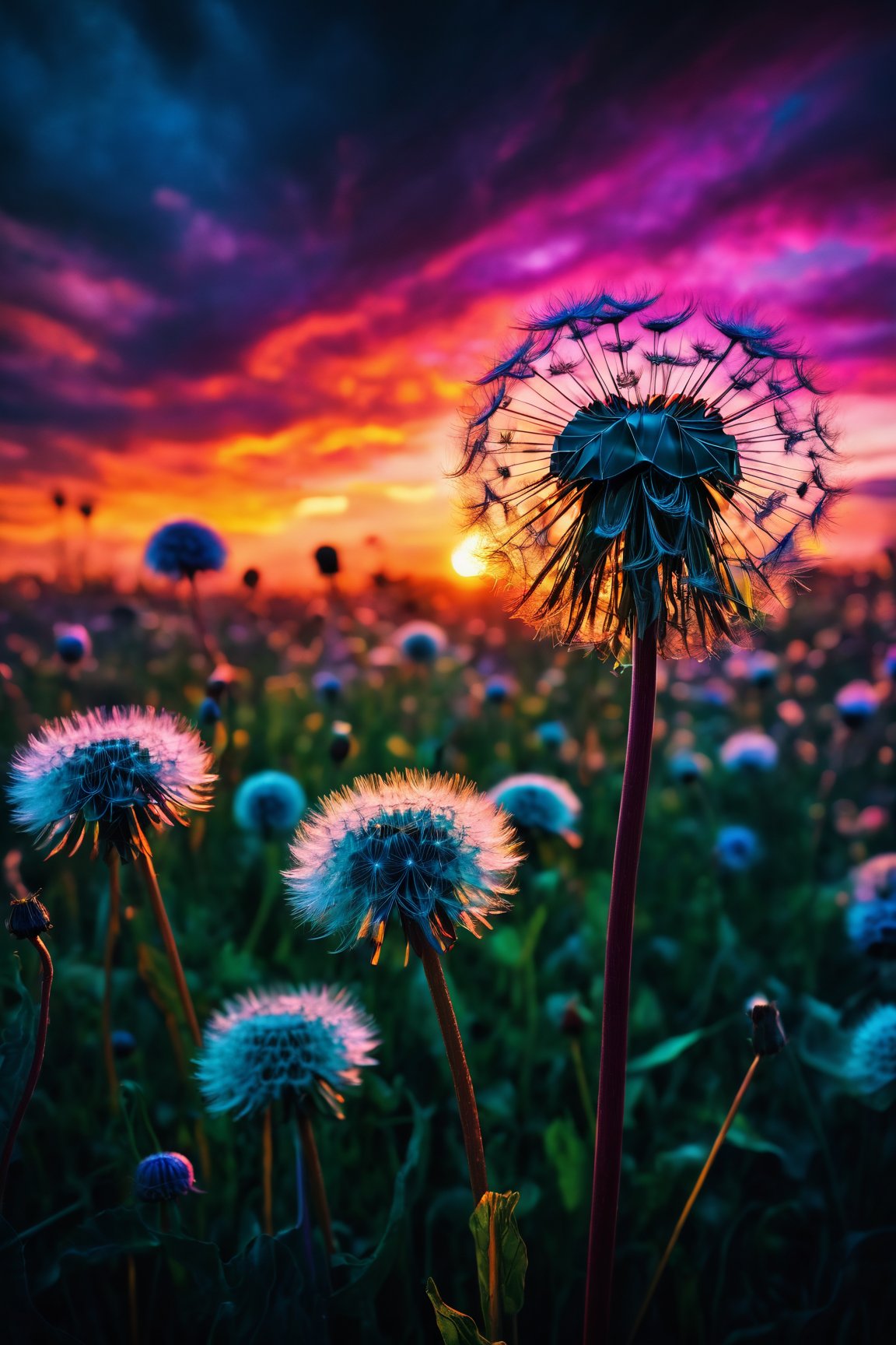 (best quality, 8K, highres, masterpiece),  ultra-detailed,  (hyper-colorful,  vivid),  photograph capturing dandelions against a glorious and super colorful sunset. Shot by the renowned photographer Lee Jeffries using a Nikon D850,  the film stock used is Kodak Portra 400,  resulting in rich and vibrant colors. The f1.6 lens adds a lifelike texture to the scene,  while dramatic lighting enhances the overall effect,  creating a hyper-realistic portrayal. Trending on ArtStation and utilizing Unreal Engine,  this Cinestill 800 masterpiece is a burst of super colorful beauty, Leonardo, Leonardo Style,<lora:EMS-262287-EMS:0.600000>,<lora:EMS-256111-EMS:0.800000>