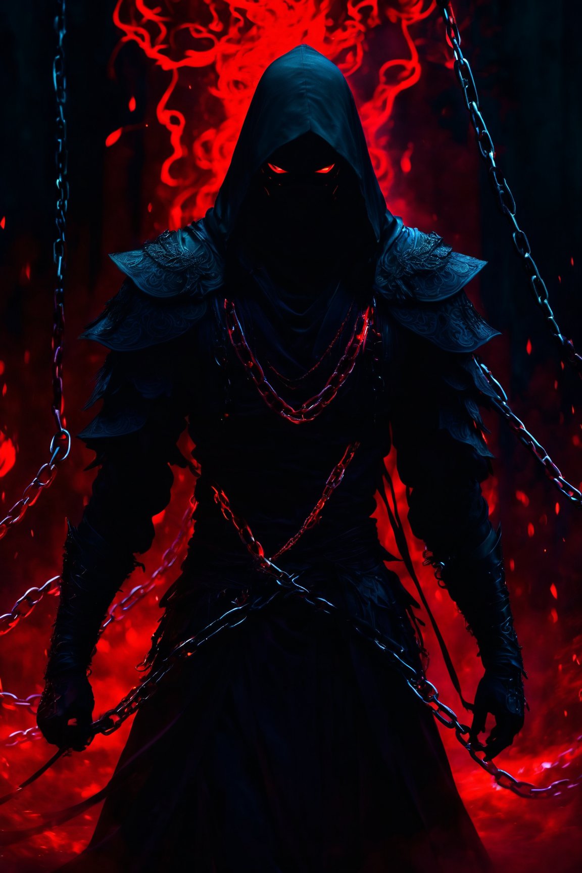 (Anime-style:1.3),  (Dark and intense:1.2),  A striking anime character,  shrouded in shadows and poised for battle,  stands against a deep crimson background adorned with menacing chains. Glowing red hollow fire particles dance around the scene,  creating an otherworldly ambiance. The unique pastel look adds an ethereal touch to this dramatic and visually intense composition.,<lora:EMS-262287-EMS:0.800000>