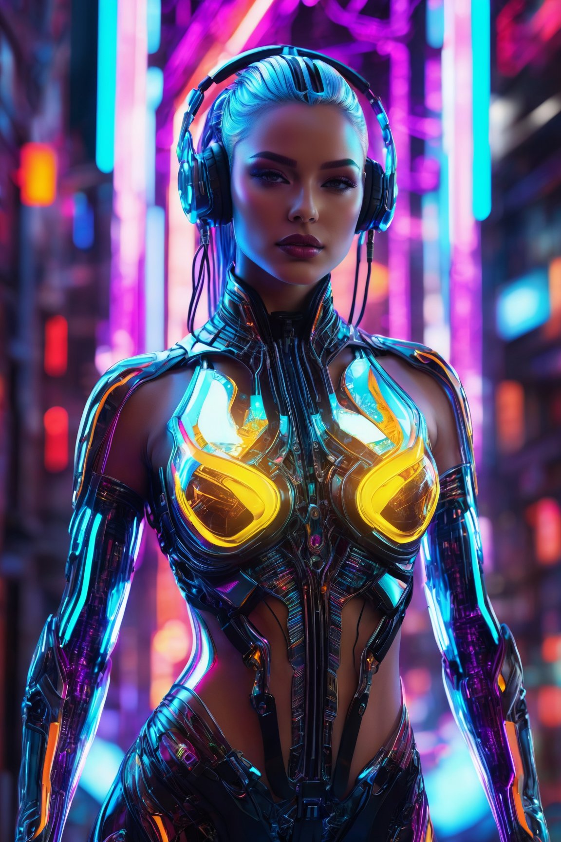 (best quality, 4k, 8k, highres, masterpiece:1.2),  ultra-detailed,  (realistic, photorealistic, photo-realistic:1.37),  cyborg woman,  transparent rib cage made of glass,  neon cables,  gears inside the glass body,  glowing circuits,  futuristic mechanical parts,  cybernetic enhancements,  metallic skin,  stunning silver hair flow,  piercing eyes,  high-tech headset,  sleek and angular body,  dynamic pose,  urban background,  neon-lit cityscape,  vibrant colors,  holographic projections,  dramatic lighting,<lora:EMS-262287-EMS:0.800000>