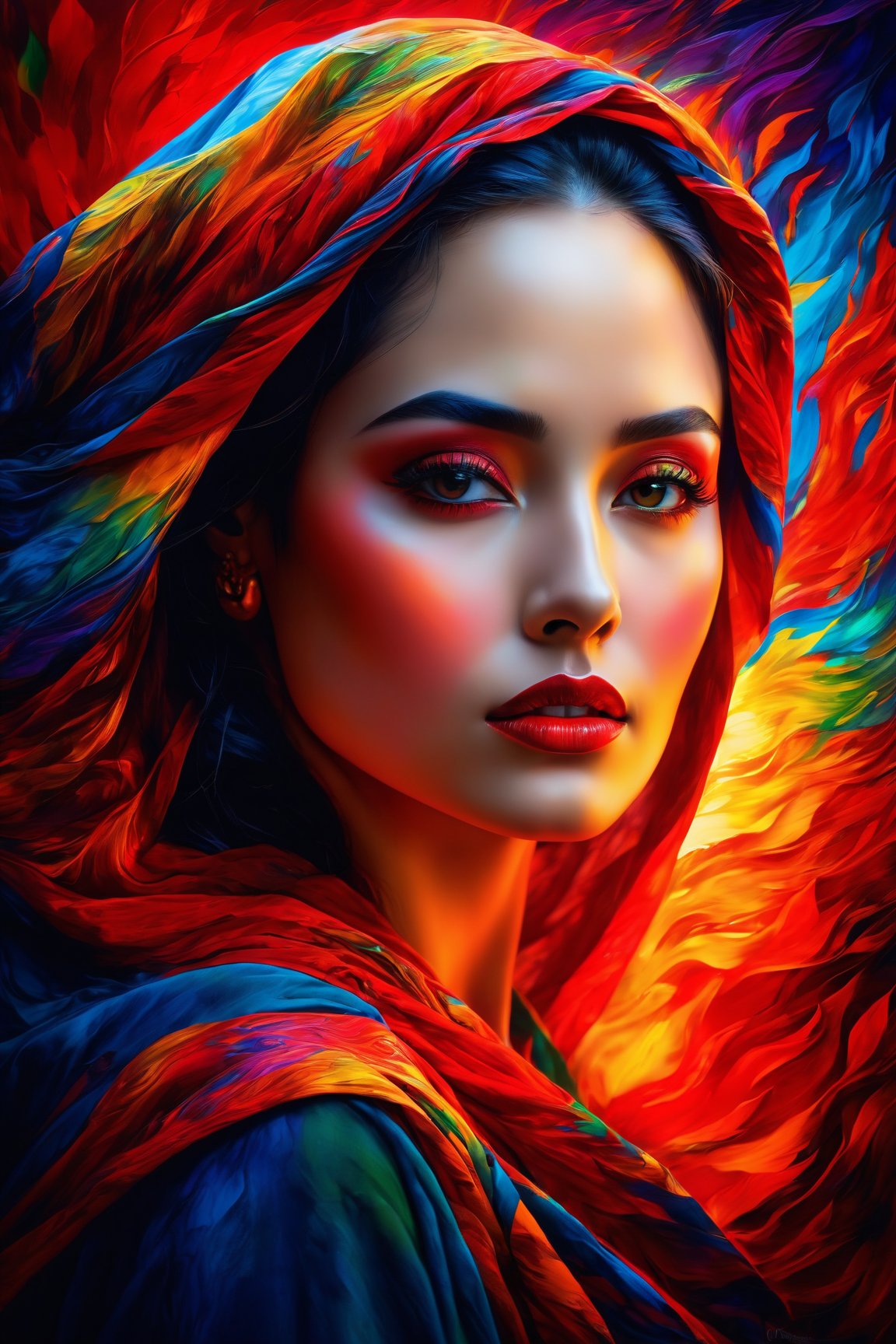 (best quality, 8K, highres, masterpiece),  ultra-detailed,  woman's face with vibrant colors,  half veiled in shadow and half illuminated by a lively,  fiery red and an array of vivid hues. The colorful depiction symbolizes the internal struggle between light and darkness,  love and evil within the human soul. Infused with a super colorful palette,  the artwork brings a visually dynamic and emotionally intense portrayal to life.,<lora:EMS-262287-EMS:0.800000>