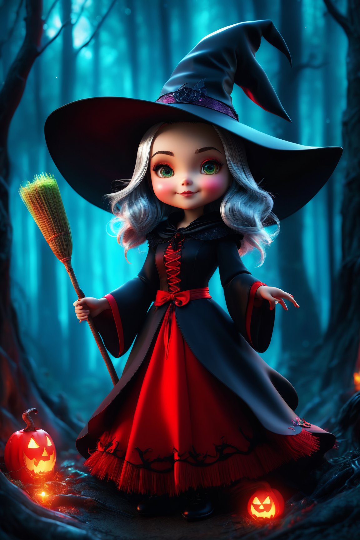 (best quality, 4k, 8k, highres, masterpiece:1.2), ultra-detailed, (realistic, photorealistic, photo-realistic:1.37), 3d, cartoon, witch, red clothes, broom, chibi style, vivid colors, colorful lighting, expressive eyes, detailed costume, dynamic pose, strong shading, spooky atmosphere, playful background, enchanted forest, sparkling magic,<lora:EMS-262287-EMS:0.800000>