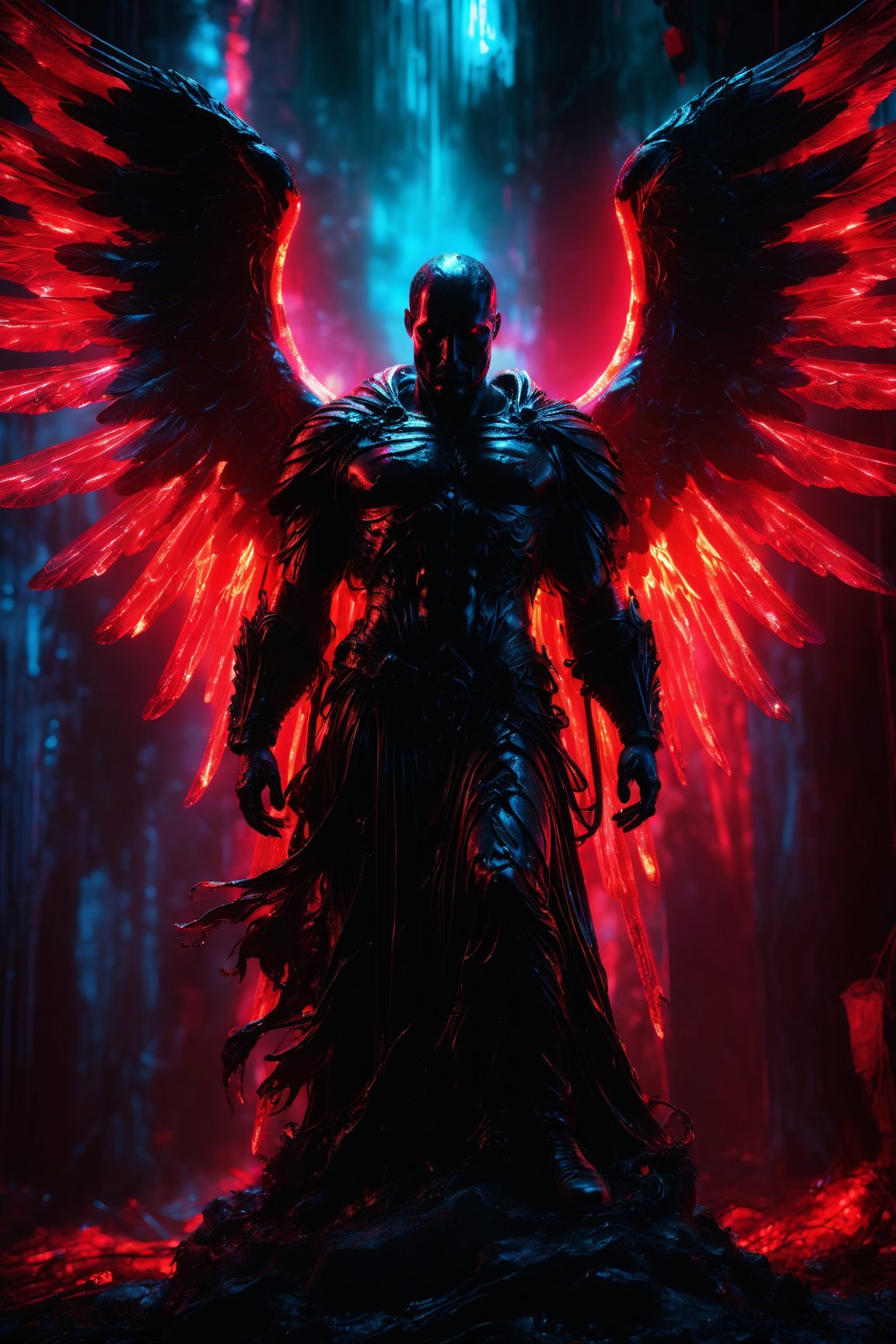 (best quality, 4k, 8k, highres, masterpiece:1.2), ultra-detailed, (realistic, photorealistic, photo-realistic:1.37), illustration, dark silhouette of a rotten archangel man, ghostly figure, neon lights, light particles, colorful, red, black colors, strong backlighting,<lora:EMS-262287-EMS:0.800000>