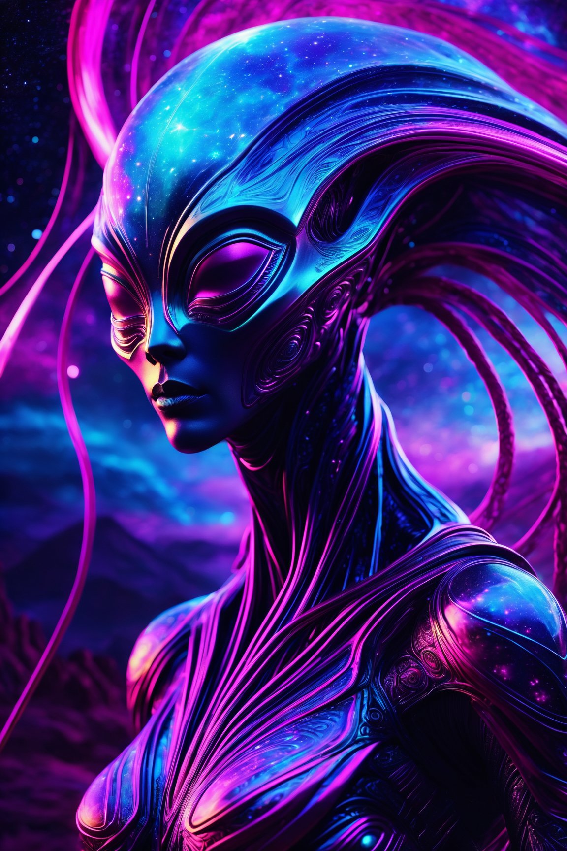 (best quality, 8K, highres, masterpiece),  ultra-detailed,  (digital art,  alien concept),  a mysterious alien figure shrouded in veils,  radiating an aura of cosmic wisdom. Set against a cosmic canvas of deep indigo and vibrant magenta nebulas,  the chiaroscuro lighting unveils the intricate details of the enigmatic exoskeleton. The dreamlike atmosphere is heightened by the seamless blend of nebulaic hues. Crafted by a skilled digital artist,  this rendering is a testament to exceptional artistry,  with each line and color meticulously brought to life.,<lora:EMS-262287-EMS:0.800000>