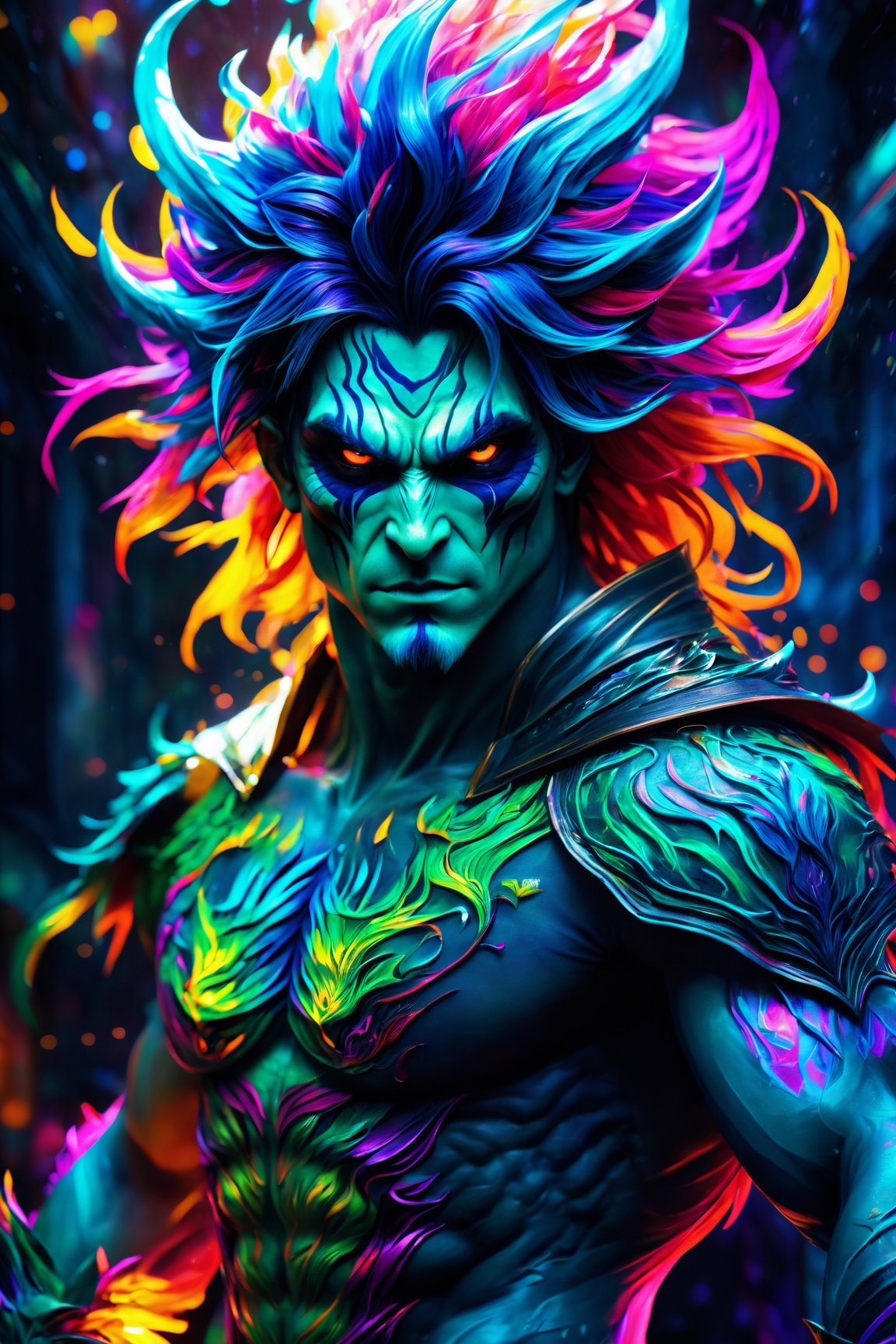 (best quality, 8K, highres, masterpiece),  ultra-detailed,  (photorealistic,  cinematic),  illustration painting of a luminous and enchanting bad guy undead/human-like creature with vibrant and dynamic anime-style colors. The creature,  with dark,  colorful hair,  strikes a dynamic pose in a brilliantly lit fantasy realm environment filled with a kaleidoscope of colors. The mid-shot composition and rule of thirds depth of field emphasize intricate details,  creating a fantastical realm that bursts with subtle and vibrant colors. The use of light particles enhances the scene's grandeur and awe,  making it a stunning visual masterpiece in a double-exposure style. The strong outlines contribute to the scene's cinematic feel,  creating a super colorful and visually captivating narrative, Leonardo, Leonardo Style,<lora:EMS-256111-EMS:0.800000>,<lora:EMS-262287-EMS:0.600000>