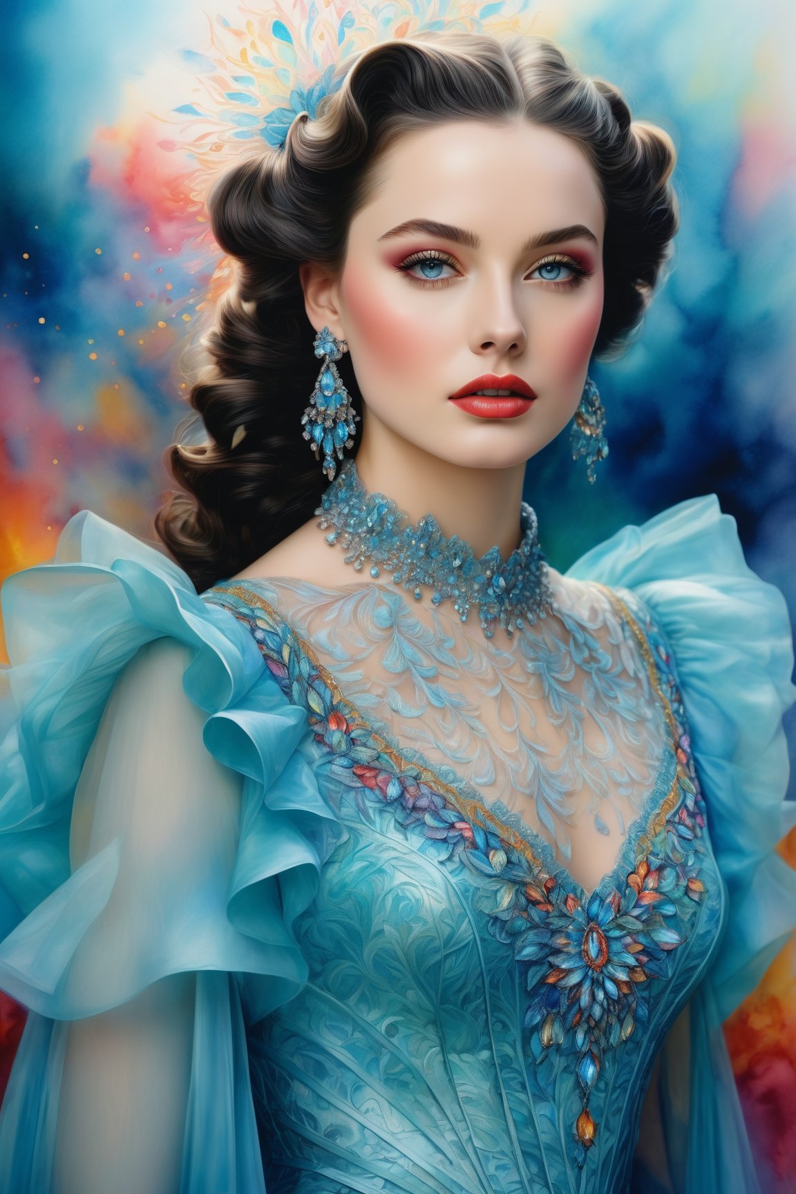 (best quality, 8K, highres, masterpiece), ultra-detailed, (watercolor, colored pencil drawing), portraying a beautiful girl reminiscent of Vivien Leigh. The artwork bursts with a vibrant array of colors including black, light blue, and other vivid tones. The portrait features a shiny aura, intricate motifs, and organic tracery, creating a hyper-realistic and highly detailed masterpiece. The composition is perfect, with shining particles adding to the realism. The frilly blouse and light makeup are depicted with an explosion of colors, making this artwork a mesmerizing celebration of vivid hues and artistic brilliance.