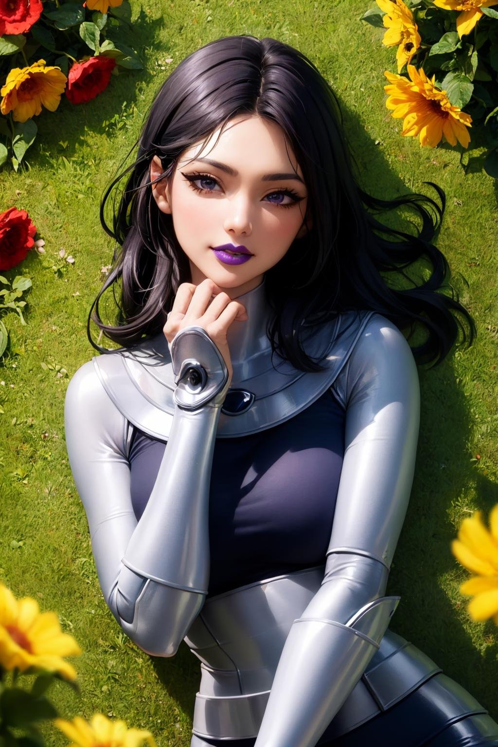 (masterpiece, best quality:1.2), <lora:blackfire:.9>, blackfire, 1girl, solo, black hair, long hair, purple lips, makeup, purple eyes, lipstick, armor, bodysuit, breasts, lips, dark-skinned female, large breasts, dark skin, vambraces, bangs, flower, lying, looking at viewer, smile, red flower, from above, yellow flower, closed mouth, outdoors