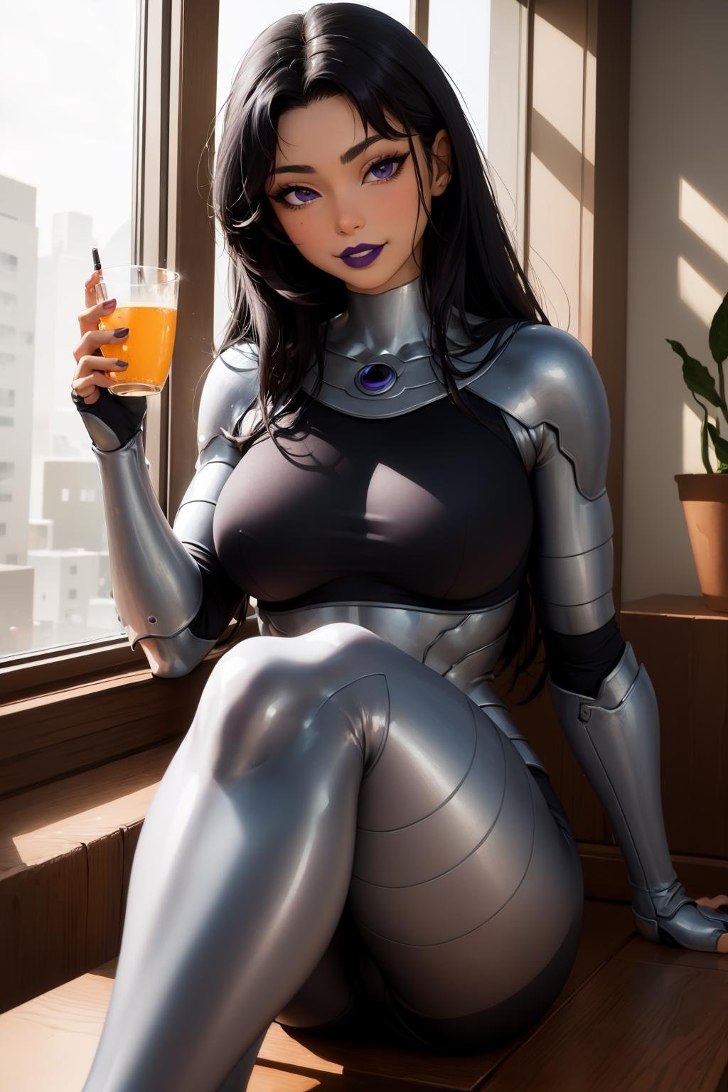 (masterpiece, best quality:1.2), <lora:blackfire:.9>, blackfire, 1girl, solo, black hair, long hair, purple lips, makeup, purple eyes, lipstick, armor, bodysuit, breasts, lips, dark-skinned female, large breasts, dark skin, vambraces, bangs, smile, sitting, looking at viewer, closed mouth, foot focus, cup, blurry, indoors, hand up, feet, knees to chest, 