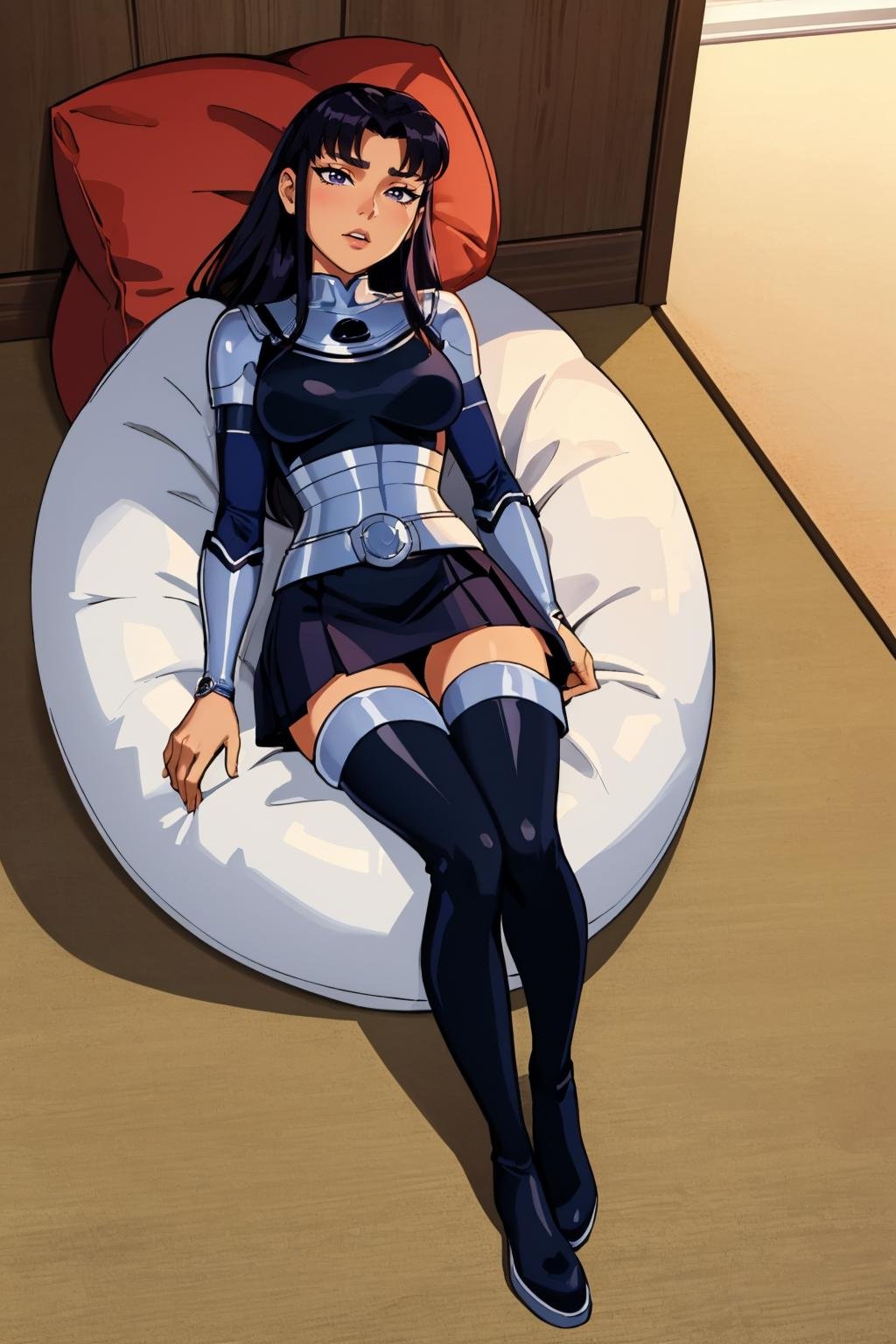 (masterpiece, best quality:1.2), <lora:blackfire:1>, blackfire, 1girl, solo, breasts, pants, bodysuit, skirt, armor, thigh boots, long sleeves, dark skin, indoors, bean bag chair, bean bag, sitting, lying, on back, from above, 