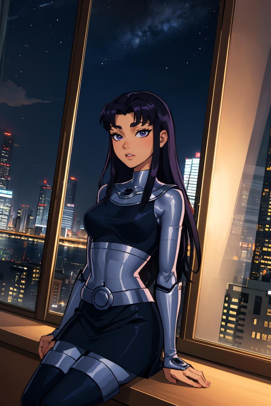 (masterpiece, best quality:1.2), <lora:blackfire:1>, blackfire, 1girl, solo, breasts, pants, bodysuit, skirt, armor, thigh boots, long sleeves, dark skin, indoors, tower, window, city, night sky, city lights, cityscape, skyline, 