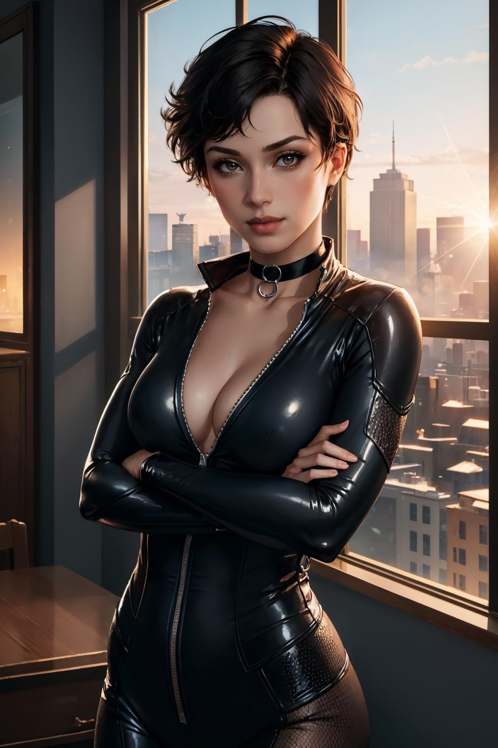 (masterpiece, best quality:1.2),  <lora:catwoman:1>, catwoman, 1girl, solo, bodysuit, choker, cleavage, tight, indoors, mansion, window, city, lens flare, bloom, depth of field, crossed arms, 