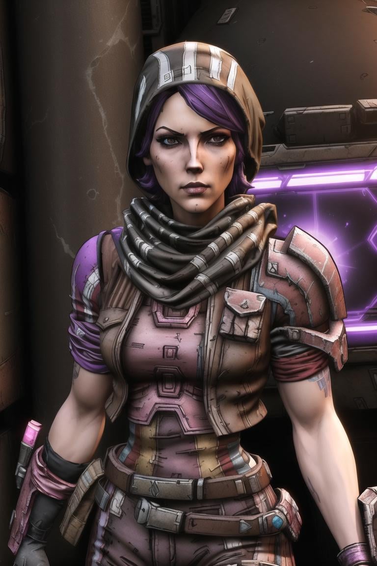 <lora:athena_(borderlands):0.8>, athena (borderlands), masterpiece, best quality, 1girl, weapon, solo, scarf, gloves, hood, armor, belt, looking at viewer, hood up, science fiction, purple hair,