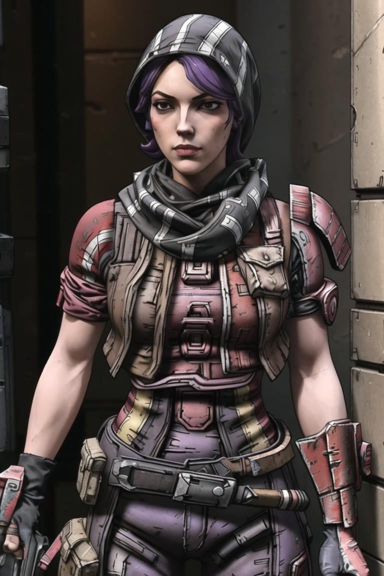 <lora:athena_(borderlands):0.8>, athena (borderlands), masterpiece, best quality, 1girl, weapon, solo, scarf, gloves, hood, armor, belt, looking at viewer, science fiction, purple hair,