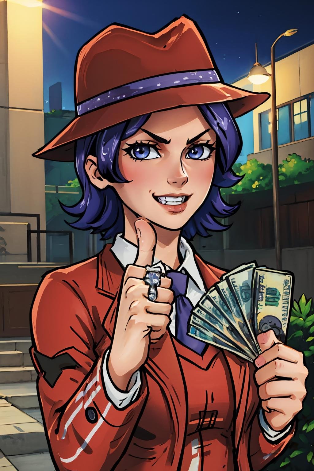 (masterpiece, best quality:1.2),  <lora:athenabl:.9>, athenabl, 1girl, solo, <lora:gangstersb:0.85>, gangstersb, upper body, money, holding, holding money, thumbs up, hat, suit, jewelry, necktie, grin,