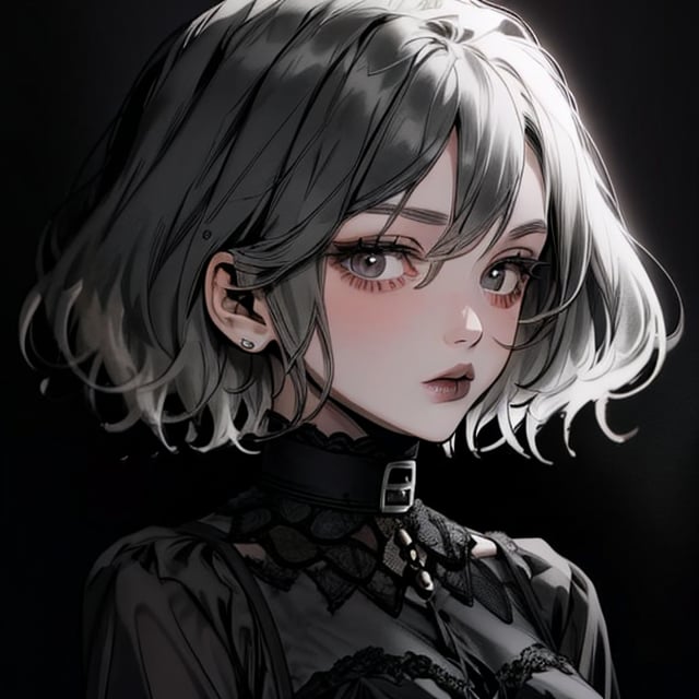 (((1 girl))) gothic girl ((dark gray background)), ((short hair))