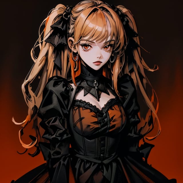 (((1 girl))) gothic girl ((dark orange background)), ((long hair)) ((beautiful girl)) (aesthetic)