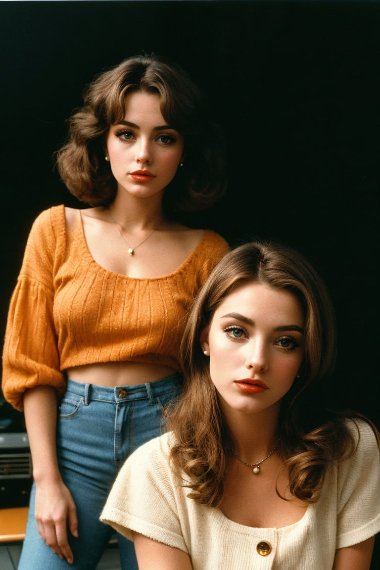 70s era, a beautiful petite 70s_actresses,70s_women_hair_combined, 70s_women_clothing_combined, 70s_locations_combined, Analog Style,Kodak Max 400 Film, photography by 70s_photographers, 20mm f/1.8 lens,Wide Angle Shot., Whimsical yet Numb., Quirky Character Designs, dark background,