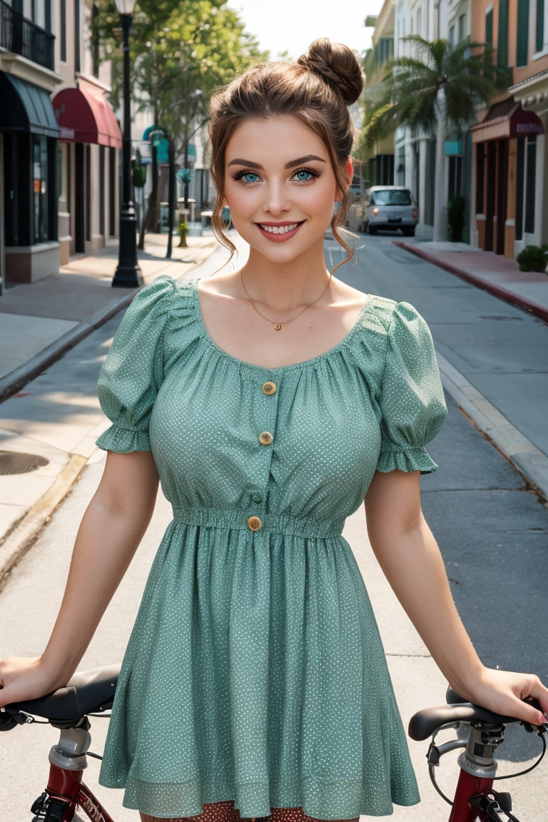 (Award-winning glamour full body photograph of a gorgeous woman, latin, donning a vintage-inspired polka-dot dress, her hazel eyes filled with joy as she enjoys a leisurely bike ride along the charming streets of Florida, her hair pinned up in a playful bun)), (greenish yelowish eyes), ((blond and dark hair)), ((25 years old)), (tunned skin), (slim body), film grain, medium quality, small perky breasts, ((medium breasts)), innocent, intricate details, highly detailed, sharp focus, professional, 4k, god rays, golden hour, hand model, stunning green eyes, petite, delicate, innocent, highres, detailed facial features, high detail, sharp focus, smooth, aesthetic, extremely detailed, photo_\(ultra\), photorealistic, realistic, post-processing, max detail, roughness, real life, ultra realistic, photorealism, photography, 8k uhd, photography, russian face, fashion color grading