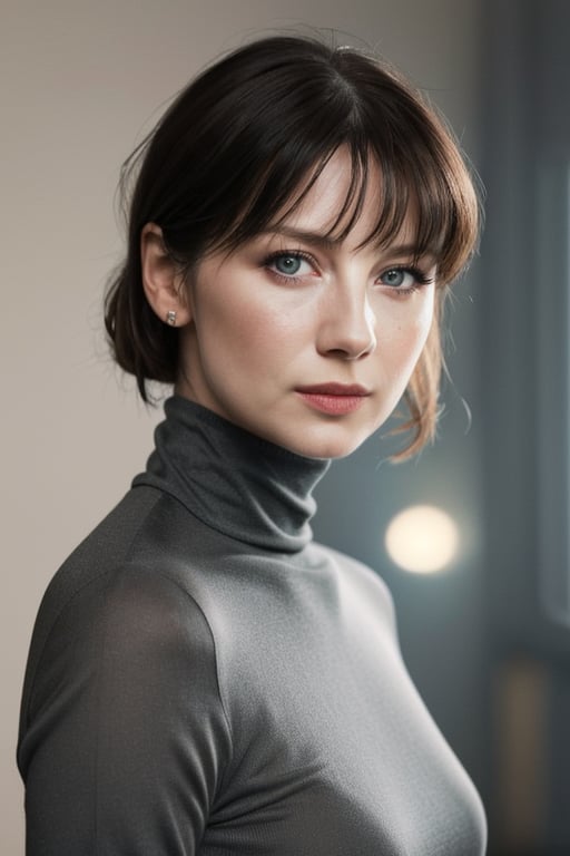 woman, delicate traits, Sharp Focus, (wo_caitbalf01), (close-up:0.1), low key lighting, shot on Lumix GH5, cinematic bokeh, black tight turtleneck shirt, dark blonde hair, (simple background:1.2), sharp cheekbones, teasing, detailed skin, Detailedface
