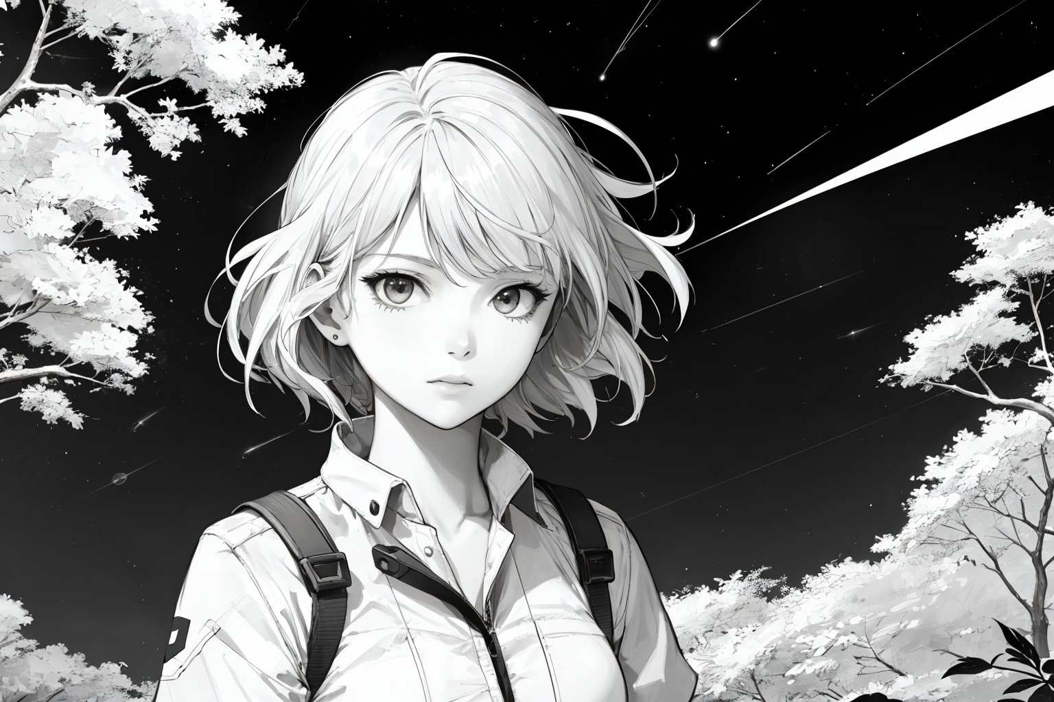 1girl, solo, white work, leaf, monochrome, lineart, simple background, lightning crackle, meteor shower, nebula