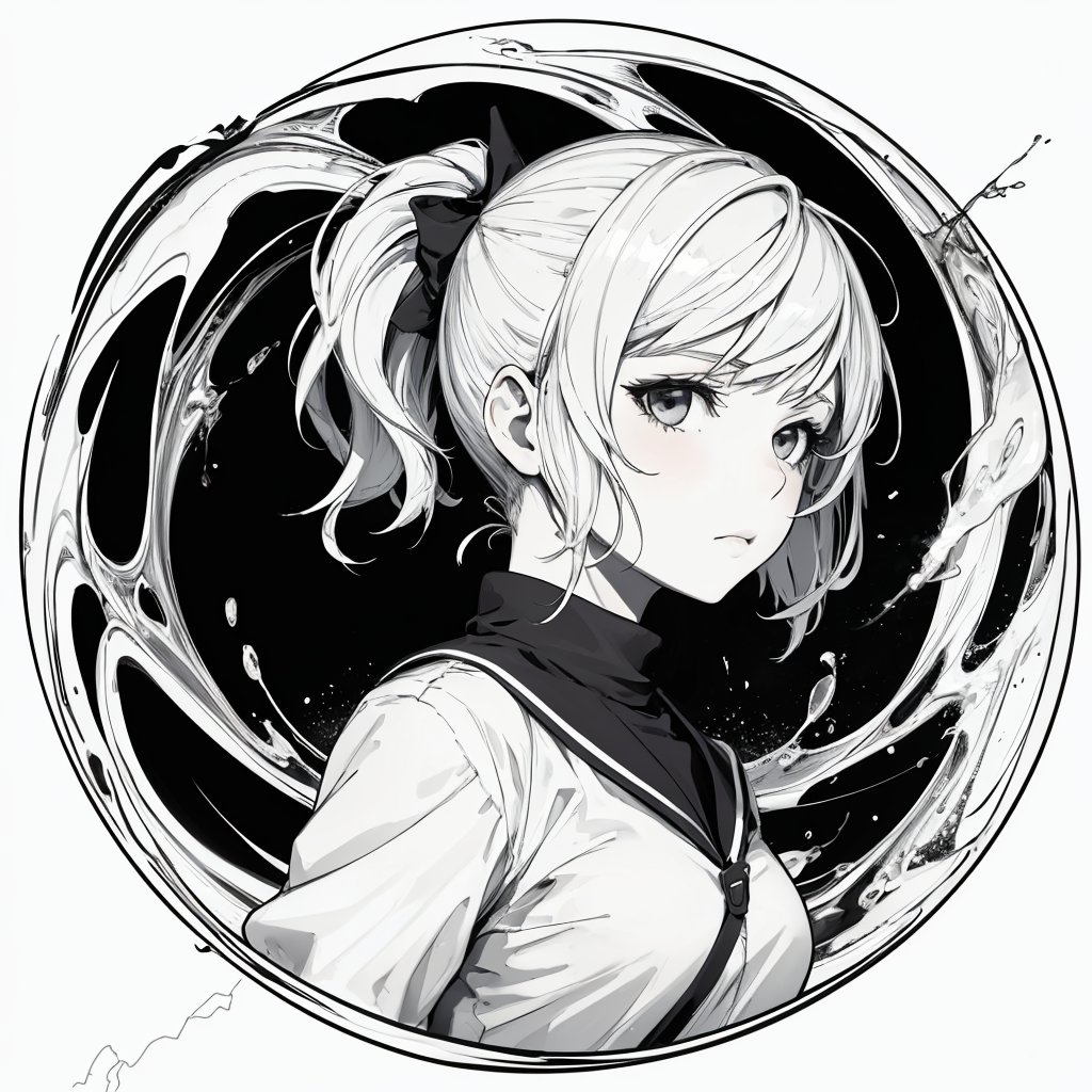 1girl, solo, white work, leaf, monochrome, lineart, simple background, paint swirl, lightning strikes