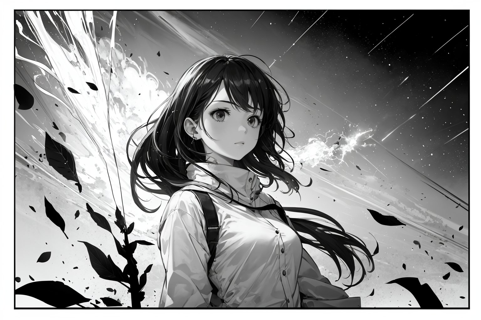 1girl, solo, white work, leaf, monochrome, lineart, simple background, lightning crackle, meteor shower, nebula