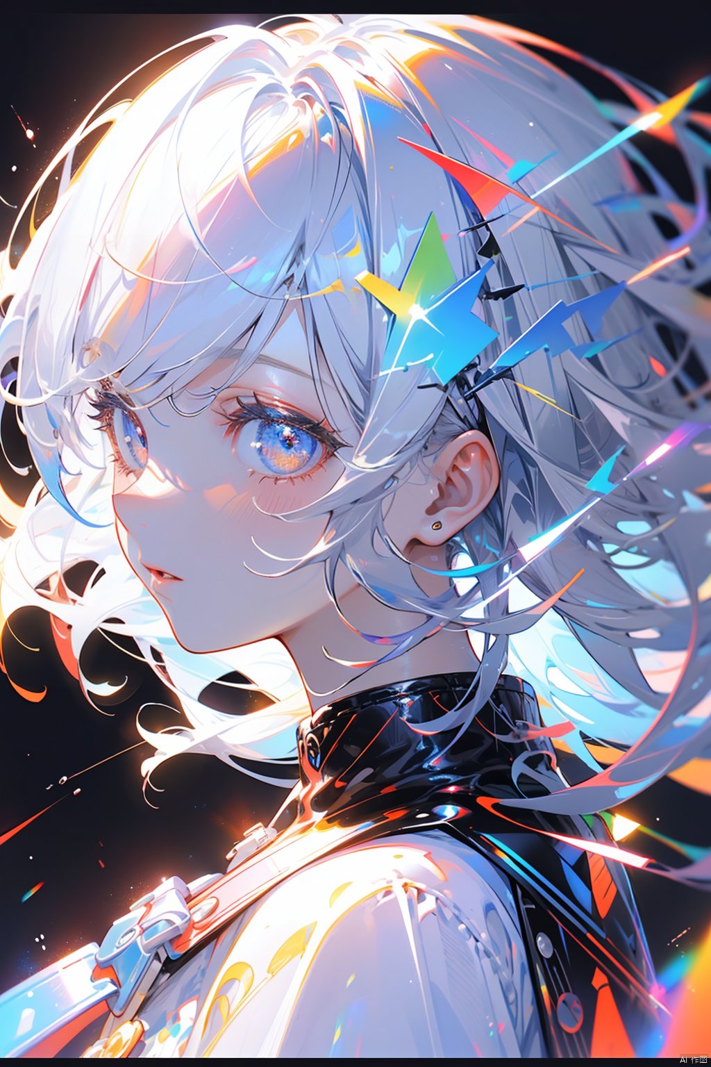 Light-electric style, shining, 1girl, solo, letterboxed, parted lips, floating hair, portrait, blue eyes, white hair, from side, long hair, multicolored eyes