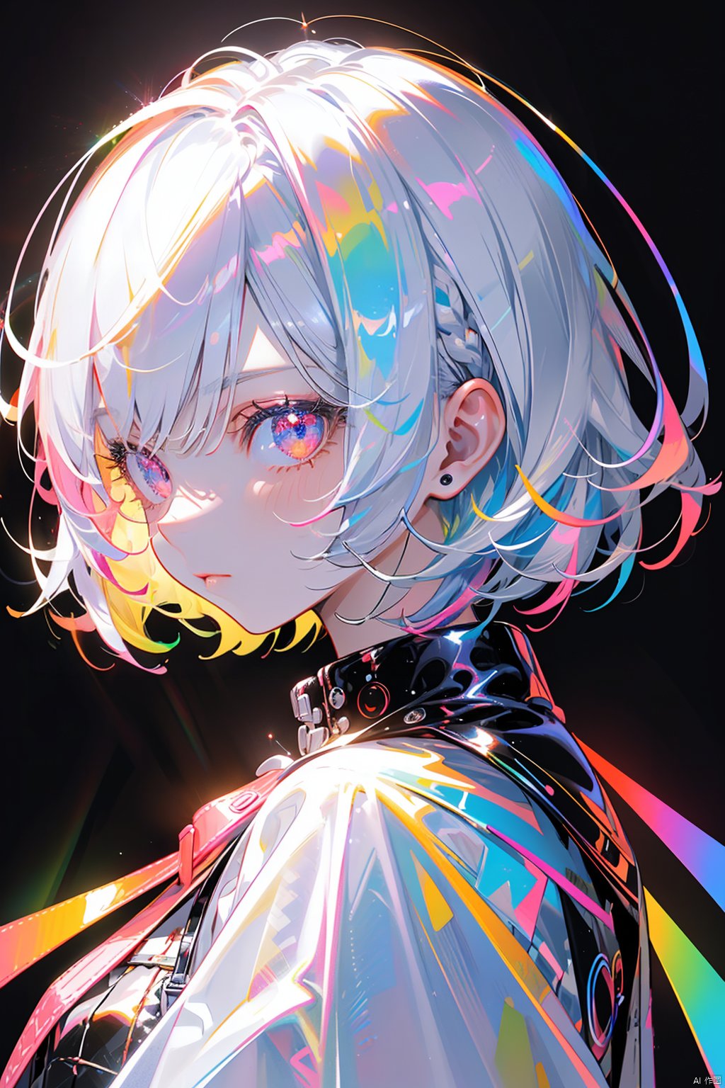 Light-electric style, shining, solo, short hair, multicolored eyes, looking at viewer, black background, bangs, from side, white hair, multicolored hair, 1other, upper body, rainbow hair, closed mouth, androgynous, 1girl, glint, glowing, pink eyes, simple background, shiny, looking to the side