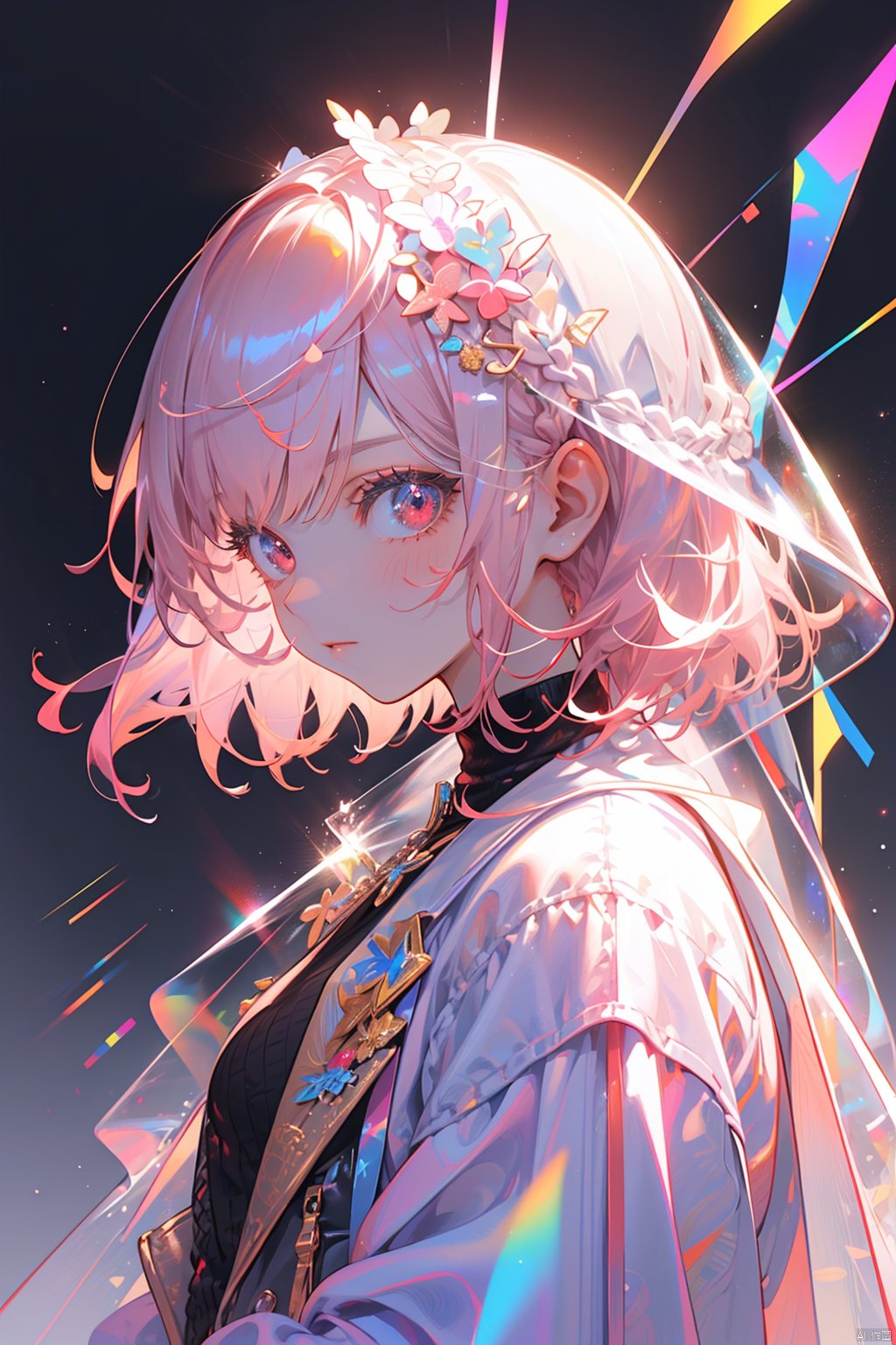 Light-electric style, shining, 1girl, solo, looking at viewer, from side, red eyes, upper body, bangs, braid, short hair, closed mouth, jacket, veil, long sleeves, transparent, medium hair, pink hair