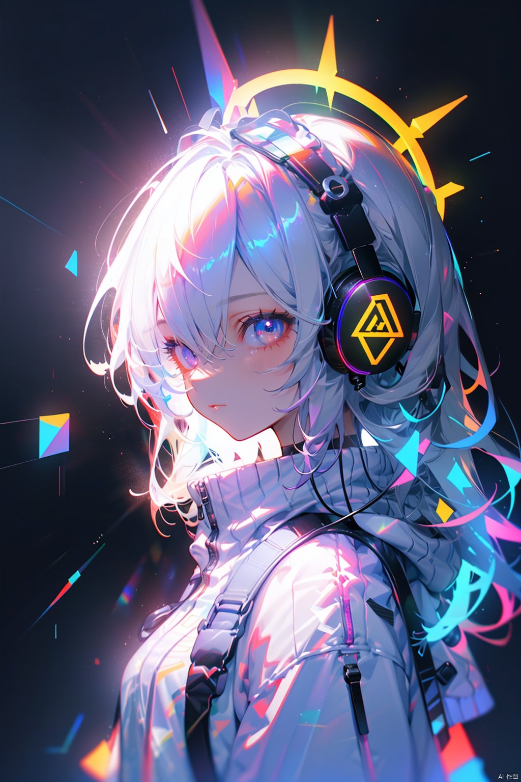 Light-electric style, shining, 1girl, solo, halo, long hair, headphones, looking at viewer, white hair, hair between eyes, upper body, bangs, purple eyes, closed mouth, blurry, jacket, from side, looking to the side, white jacket, heterochromia, blue eyes, chromatic aberration, depth of field