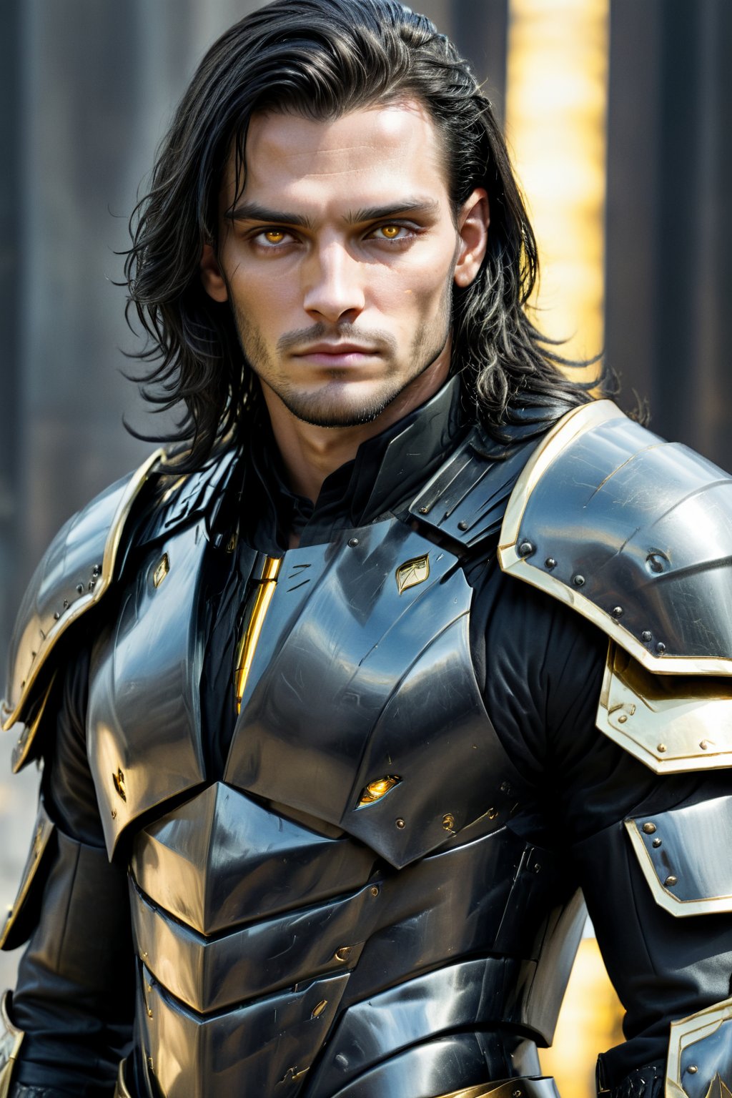 (calcasian 27yo slim man) with long black hair side swept to the right, golden eyes glowing yelow, white skin, (wearing a black heavy armor), fantasy, cyberpunk, long coat, overcoat, very luminous, 8k, realistic, Add more detail, man,guy, realhands, 1man,Add more detail,looking at viewer, portrait,Lenny,shards,glass,more detail XL,Stylish