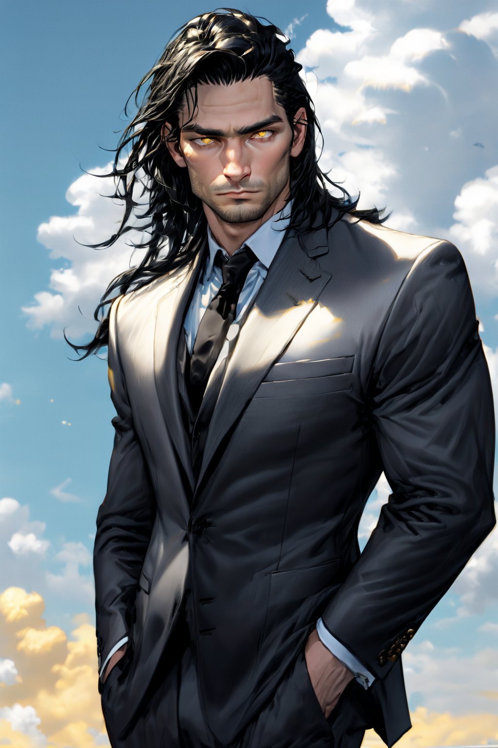 calcasian slim man with long black hair side swept to the right, golden eyes glowing yelow, hands on pockets, white skin, wearing a black suit, big white clouds moving in a light blue sky, very luminous, 8k, realistic, Add more detail, man, disgusted face,guy, realhands,man,Add more detail,disgusted face,looking at viewer, portrait,Lenny,LennySincoat
