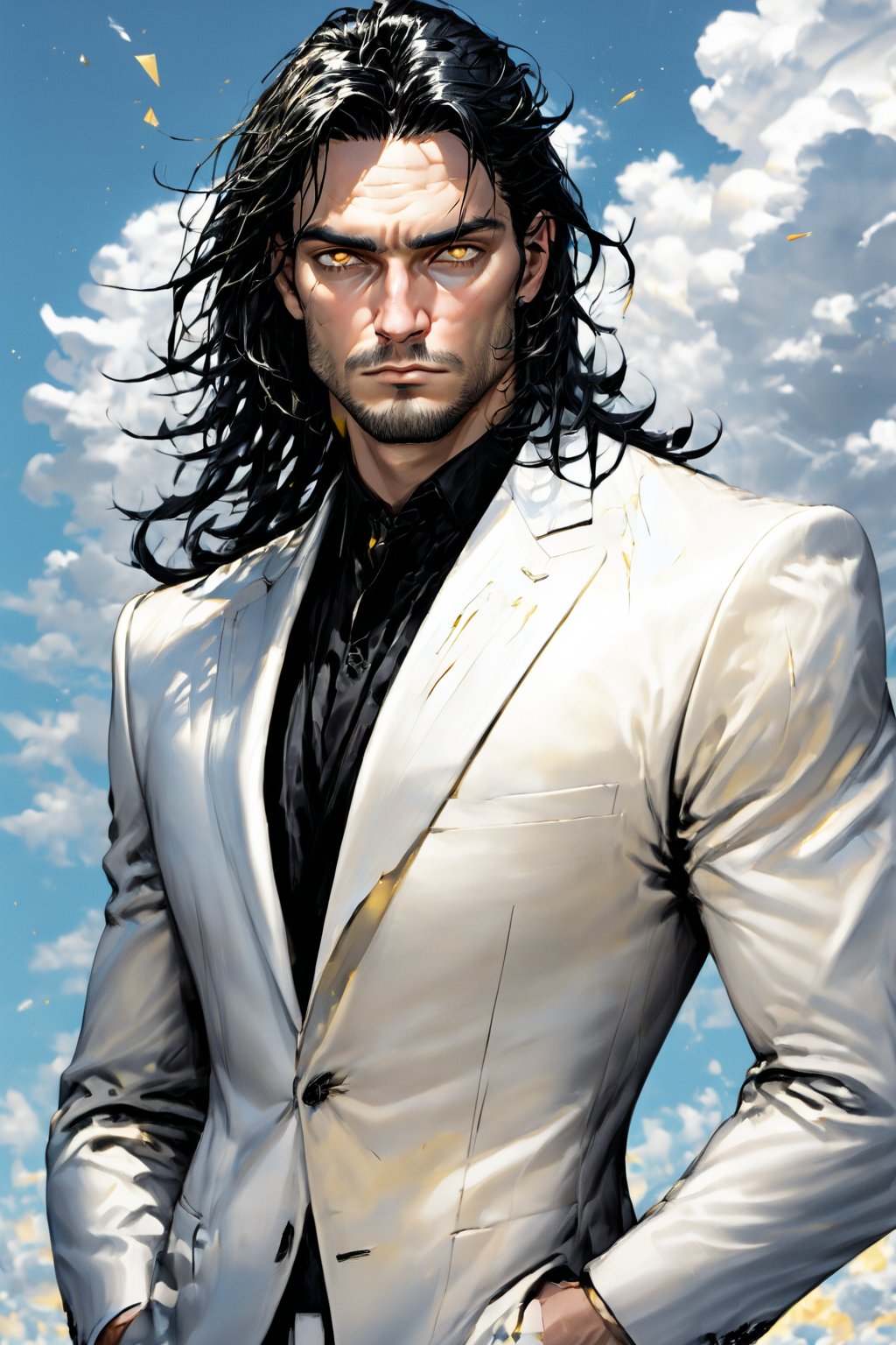 calcasian slim man with long black hair side swept to the right, golden eyes glowing yelow, hands on pockets, white skin, wearing a black glass shards suit, big white clouds moving in a light blue sky, very luminous, 8k, realistic, Add more detail, man, disgusted face,guy, realhands,man,Add more detail,disgusted face,looking at viewer, portrait,Lenny,LennySincoat,
