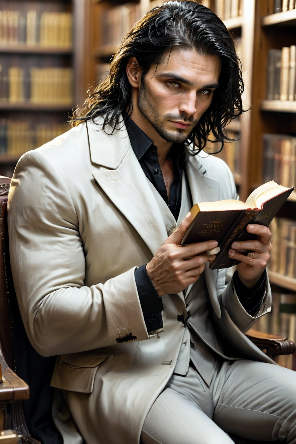 (calcasian 27yo slim man) with long black hair side swept to the right, golden eyes glowing yelow, white skin, sitting_down, drinking wine and reading a book on a library, refined, terror, long coat, overcoat, eery lights, 8k, realistic, Add more detail, man,guy, realhands, 1man,Add more detail,looking at viewer, full_body,Lenny,more detail XL,darkart