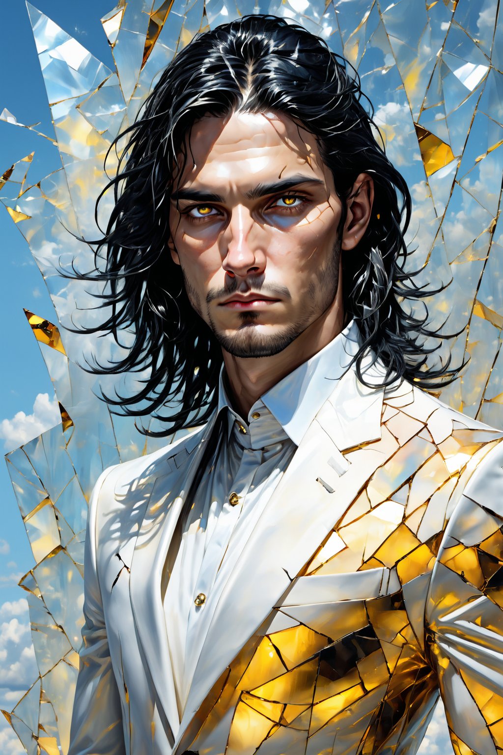 (calcasian 28yo slim man) with long black hair side swept to the right, golden eyes glowing yelow, hands on pockets, white skin, (wearing a black transparent broken glass suit), big white clouds moving in a light blue sky, very luminous, 8k, realistic, Add more detail, man, disgusted face,guy, realhands, 1man,Add more detail,disgusted face,looking at viewer, portrait,Lenny,shards,glass