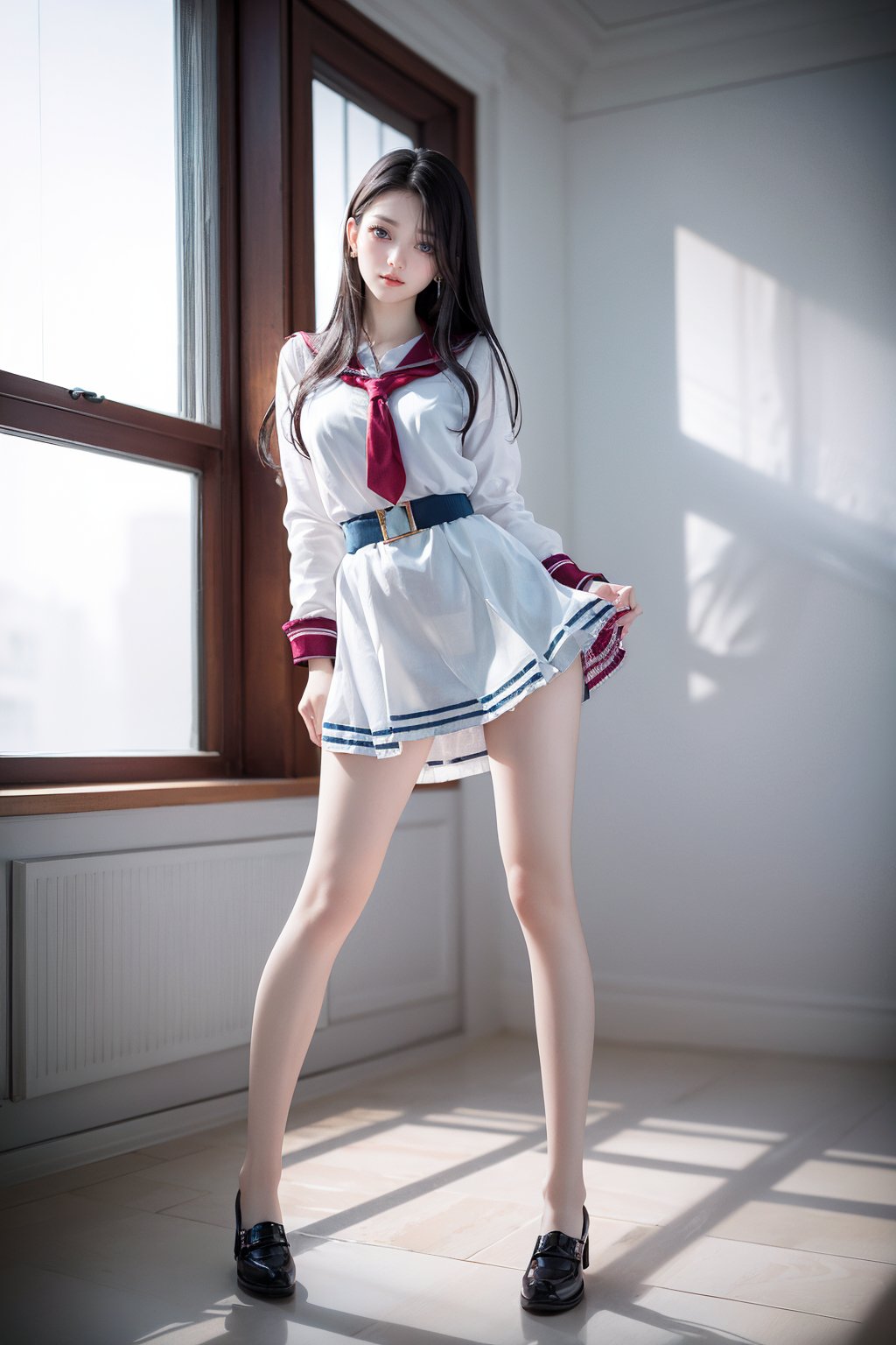 the most beautiful goddess,stockings,sexy,porn dress,Model standing pose,erfect. (porn) ,Perfect legs,1 girl,wearing high school uniform tops, high school uniform skirts,full_body,very bright backlighting, solo, {beautiful and detailed eyes}, calm expression, natural and soft light, delicate facial features, beautiful korean girl, very small earrings, ((model pose)), Glamor body type, (dark hair:1.2), very_long_hair,straight hair,hair past waist, flim grain, realhands, masterpiece, Best Quality, photorealistic, ultra-detailed, finely detailed, high resolution, perfect dynamic composition, beautiful detailed eyes, eye smile, smile,((nervous and embarrassed)), sharp-focus, full body shot,sexy pose,standing,Not Miss A - Suzy,Young beauty spirit ,bul4n,z1l4,AIDA_LoRA_valenss,yoona,Sexy_attire ,n0t,milf, realism,beautiful edgArg_woman,jeon_jihyun