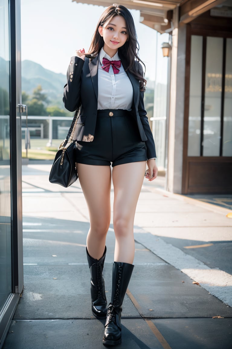 (masterpiece, top quality, best quality,1girls,Korean, beautiful face, smile, long hair, 19 years old, school_uniform, jacket, shorts, boots, hills, full body view, daylight,dream_girl,fashion_girl,milf