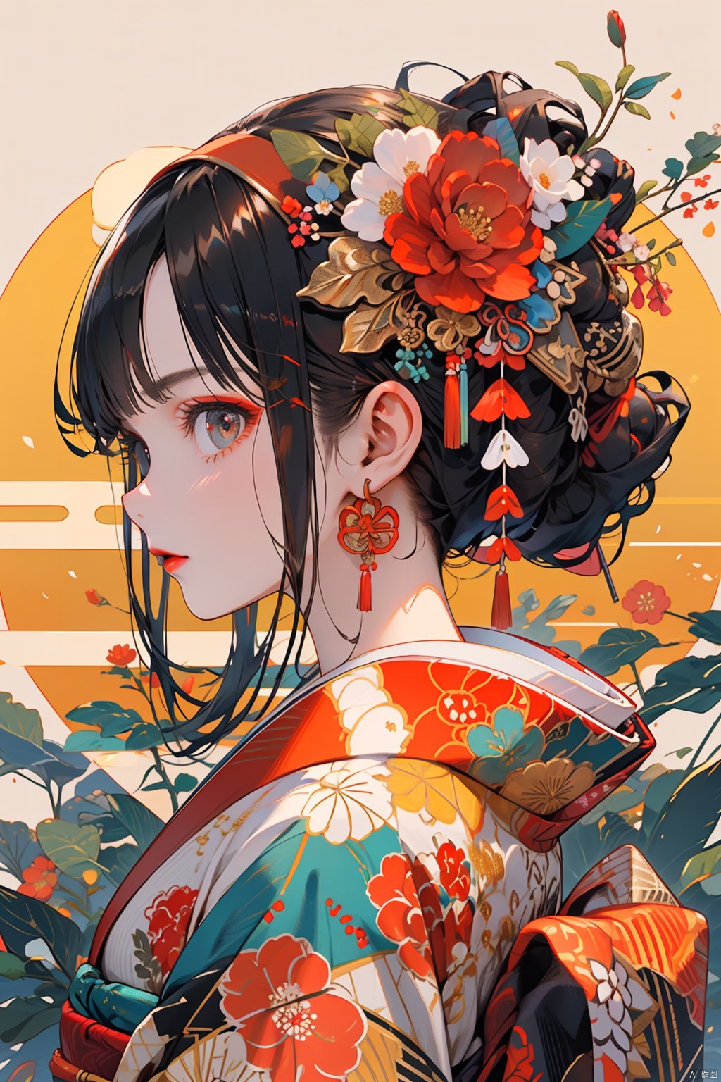 Ukiyo-e style, 1girl, solo, hair ornament, japanese clothes, kimono, jewelry, black hair, earrings, looking at viewer, flower, bangs, red kimono, upper body, floral print, hair flower, sidelocks, from side, hairband, tassel, red flower, print kimono, profile, makeup, brown eyes, sash, long hair, closed mouth, obi, egasumi, red lips, kanzashi, lipstick