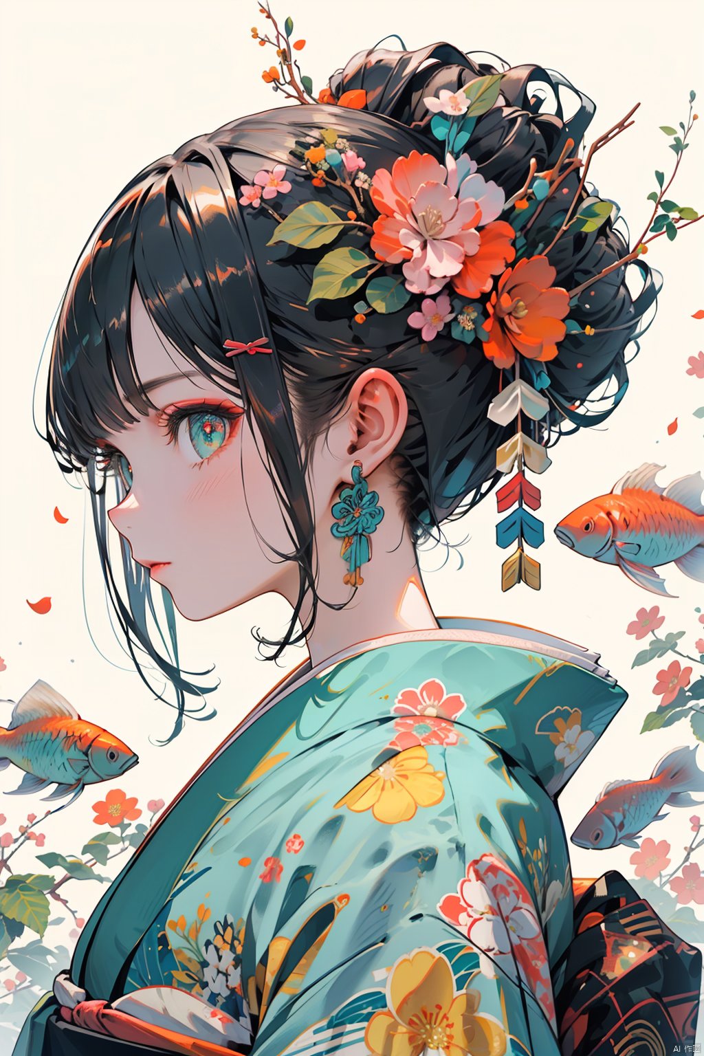 Ukiyo-e style, 1girl, solo, flower, hair ornament, japanese clothes, kimono, white background, looking at viewer, upper body, hair flower, simple background, kanzashi, black hair, from side, hair bun, closed mouth, floral print, single hair bun, blush, pink flower, blue kimono, fish, green eyes, hair stick, profile, earrings, bangs, aqua eyes, sidelocks, yellow flower, jewelry, orange flower