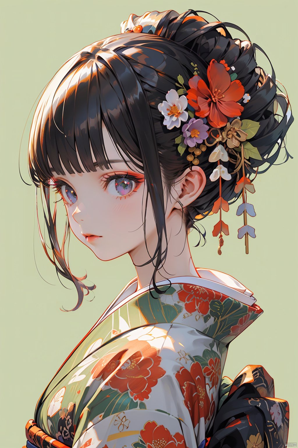 Ukiyo-e style, 1girl, solo, hair ornament, japanese clothes, kimono, flower, looking at viewer, hair flower, black hair, bangs, simple background, purple eyes, upper body, blush, closed mouth, red flower, sidelocks, floral print, kanzashi, from side, print kimono, hair bun, single hair bun, looking to the side, blunt bangs, sash, obi, makeup, green background, lips