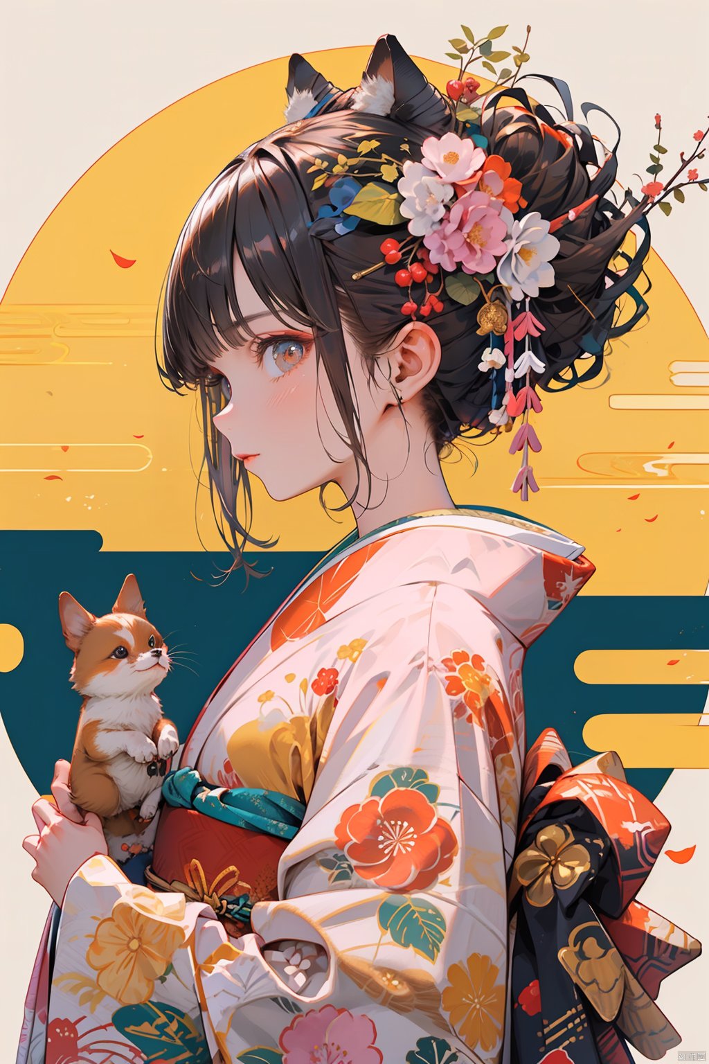 Ukiyo-e style, 1girl, japanese clothes, kimono, hair ornament, solo, flower, hair flower, long sleeves, obi, sash, blush, animal, wide sleeves, print kimono, pink kimono, from side, holding, black hair, looking at viewer, floral print, brown eyes, bangs, profile, red flower, upper body, closed mouth, chinese zodiac, holding animal, brown hair, pink flower, sidelocks, hair bun, dog, single hair bun