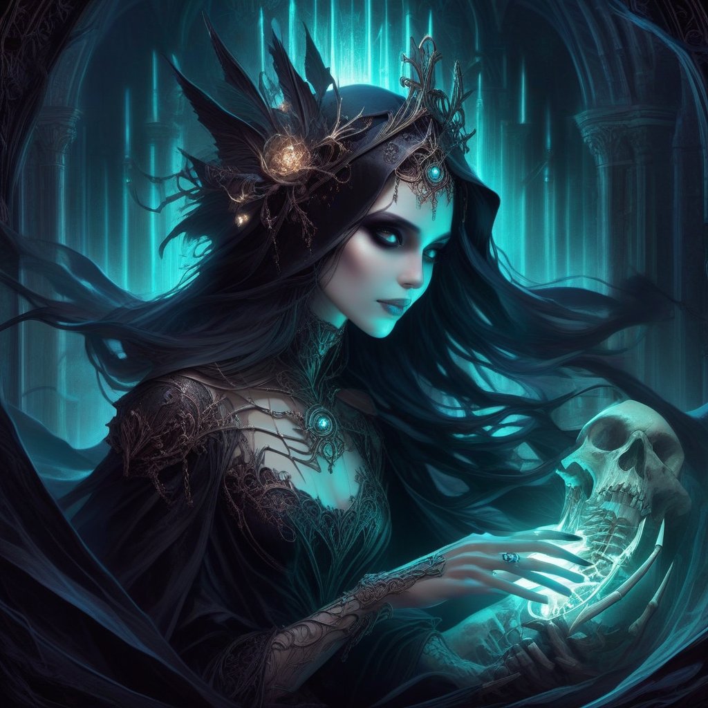 1girl, necromancer, hauntingly, gothic fantasy, magical, bones, illustrative composition, fine lines, photorealistic-anatomy, glow, elegant, perfection, Decora_SWstyle