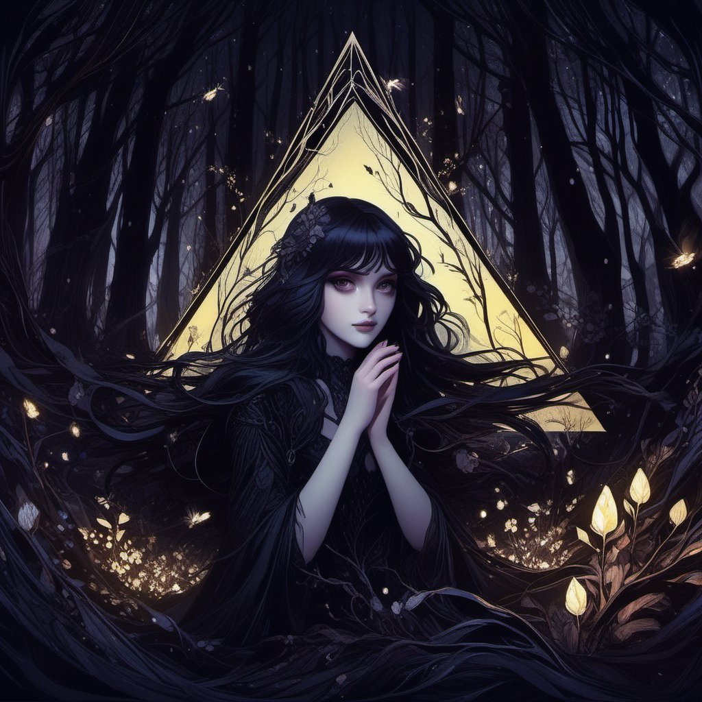 1girl, posed hands, dark forest, fireflies, flowing hair, illustrative composition, triangular composition, ink flow, dreamy darkness, gothic fantasy art, decora_lines, decora_flowers, petals, branches, character framing, foreground framing, leading lines, light motes, Decora_SWstyle