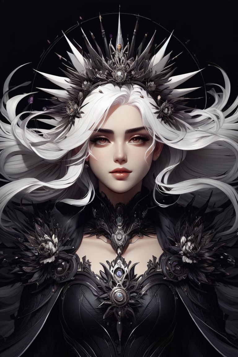 1girl, white hair, radial movement, fine lines, spike crown, biomechanical, dark background, detailed abstract background, petals, Decora_SWstyle