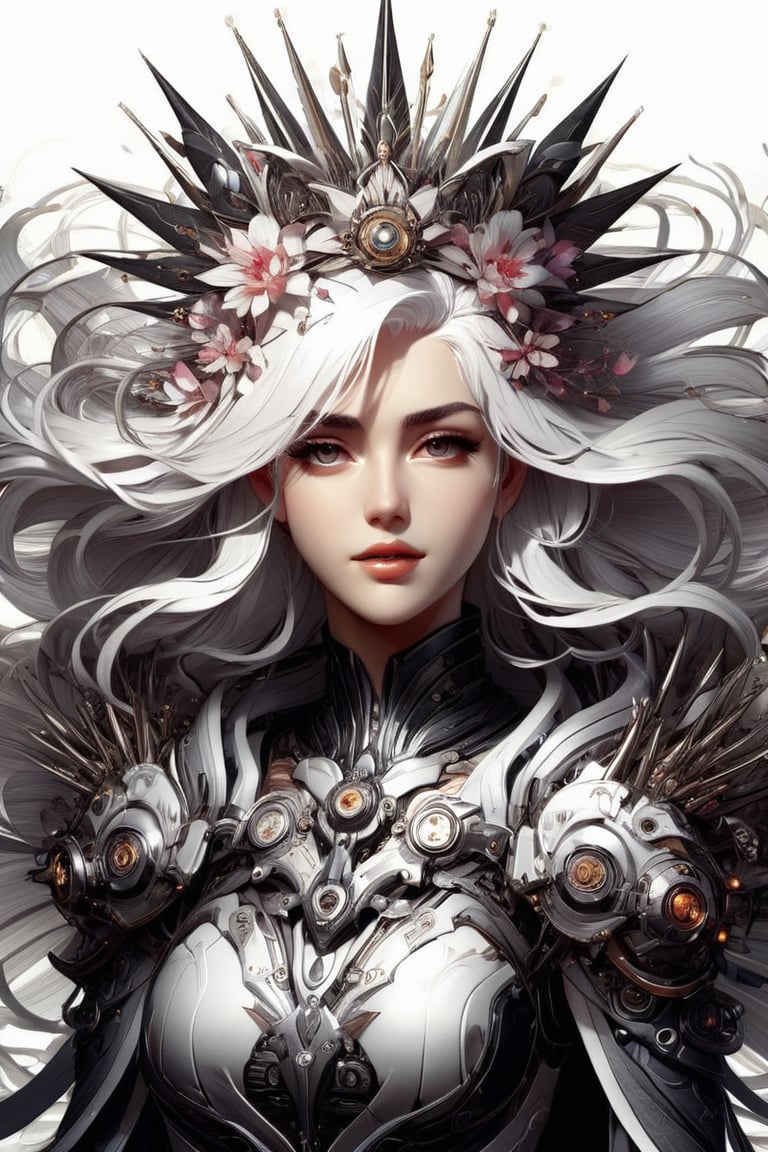 1girl, white hair, radial movement, fine lines, spike crown, biomechanical, detailed abstract background, petals, Decora_SWstyle