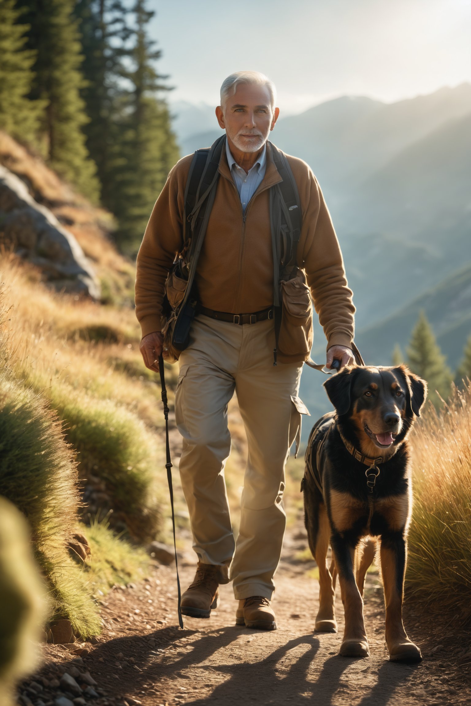 from_front facing viewer looking at viewer old man walking dog on mountain trail boots bright morning sunlight (masterpiece:1.2) (photorealistic:1.2) (bokeh) (best quality) (detailed skin:1.3) (intricate details) (8k) (HDR) (analog film) (canon d5) (cinematic lighting) (sharp focus),<lora:EMS-262558-EMS:1.000000>