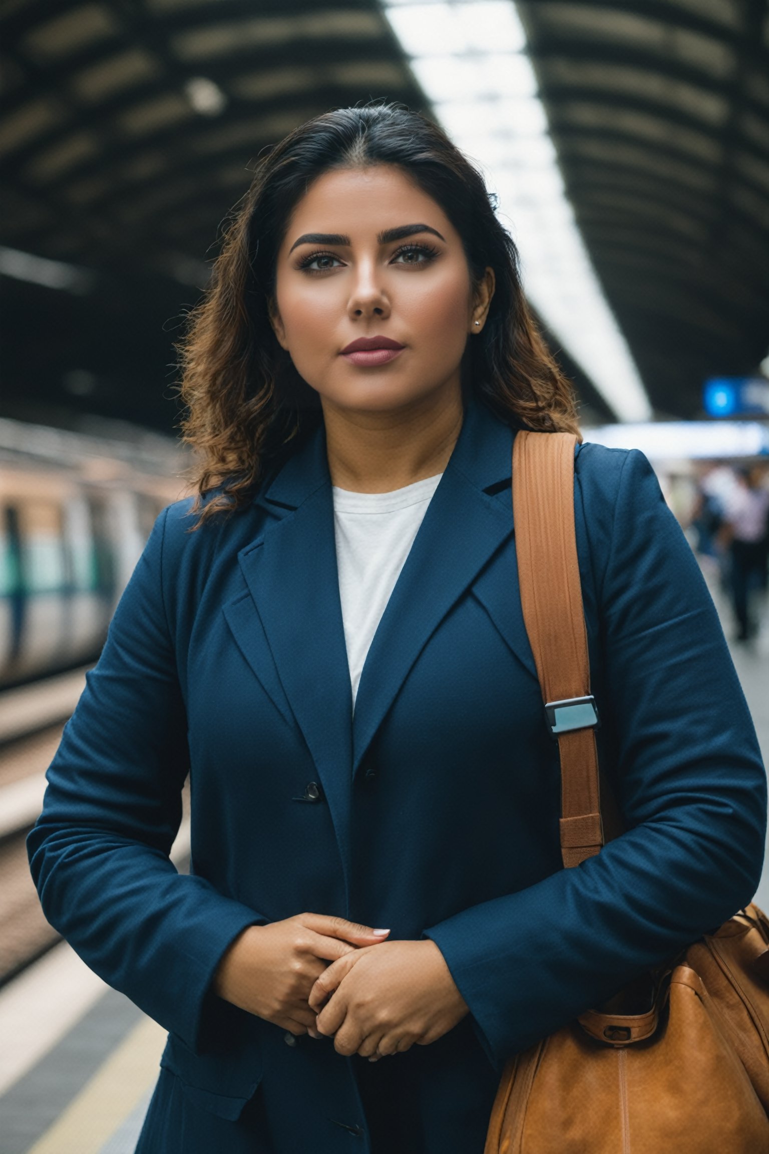 medium shot of a woman traveller ready for the journey waiting on the train station,  detailed sharp,  flash photo,<lora:EMS-262558-EMS:1.200000>