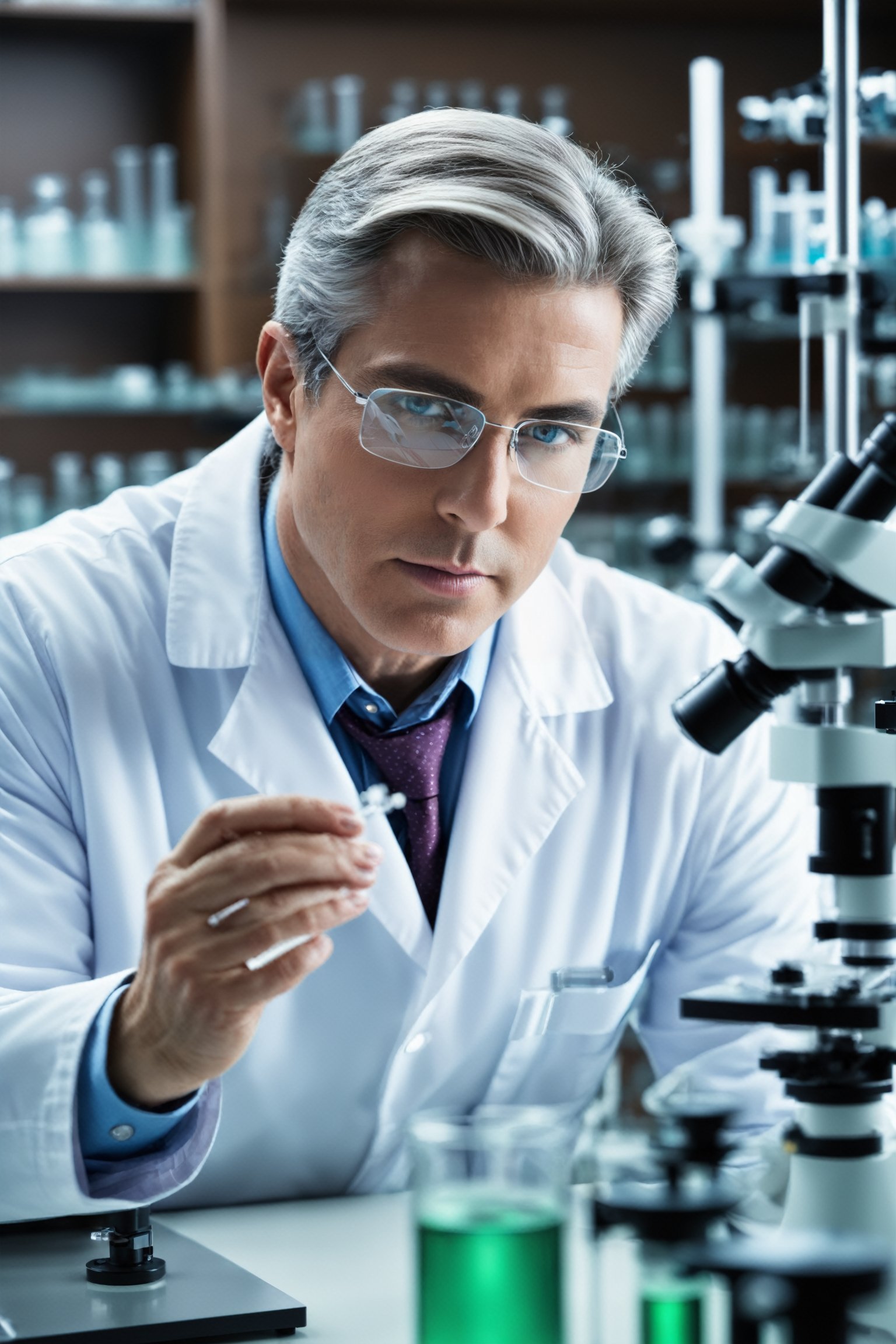 A realistic image of a scientist in a laboratory,  surrounded by test tubes and microscopes,  conducting experiments. Shot from a close-up angle to capture the sense of precision and curiosity.,<lora:EMS-262558-EMS:1.400000>